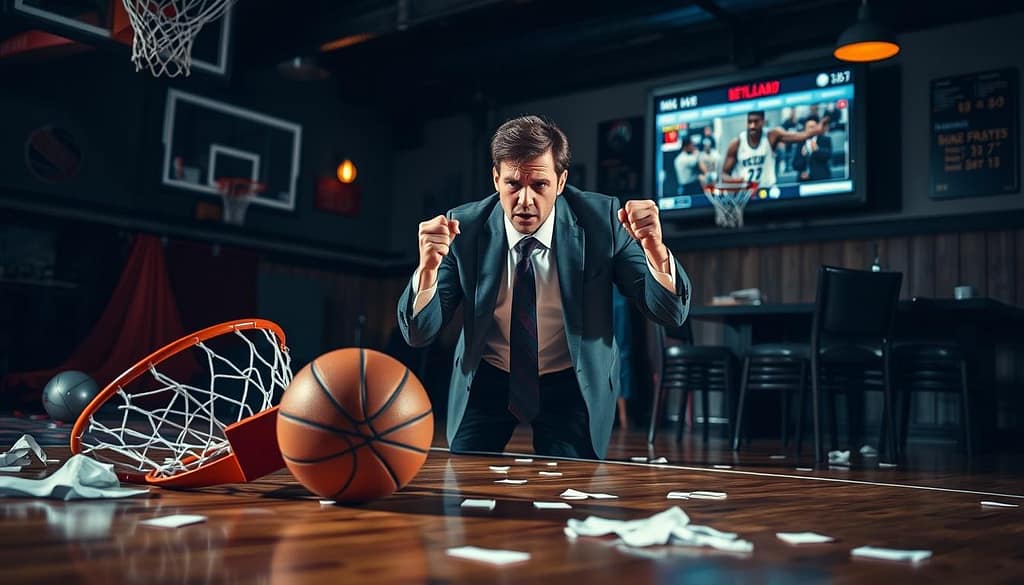 A close-up view of a basketball court featuring various NBA tilt control triggers, such as a broken basketball hoop, overturned chairs, and scattered betting slips, in the foreground. In the middle ground, a tense scene of a frustrated bettor, dressed in professional casual attire, clenching their fists in frustration while observing a game on a screen, with emotions clearly visible on their face. The background includes a dimly lit sports bar atmosphere that suggests intensity and anticipation, with shadows and highlights emphasizing the bettor's emotional state. The lighting is moody, casting dramatic shadows to enhance the feeling of tension. The angle is slightly tilted, creating a sense of unease, capturing the essence of tilt in NBA betting. A close-up view of a basketball court featuring various NBA tilt control triggers, such as a broken basketball hoop, overturned chairs, and scattered betting slips, in the foreground. In the middle ground, a tense scene of a frustrated bettor, dressed in professional casual attire, clenching their fists in frustration while observing a game on a screen, with emotions clearly visible on their face. The background includes a dimly lit sports bar atmosphere that suggests intensity and anticipation, with shadows and highlights emphasizing the bettor's emotional state. The lighting is moody, casting dramatic shadows to enhance the feeling of tension. The angle is slightly tilted, creating a sense of unease, capturing the essence of tilt in NBA betting.