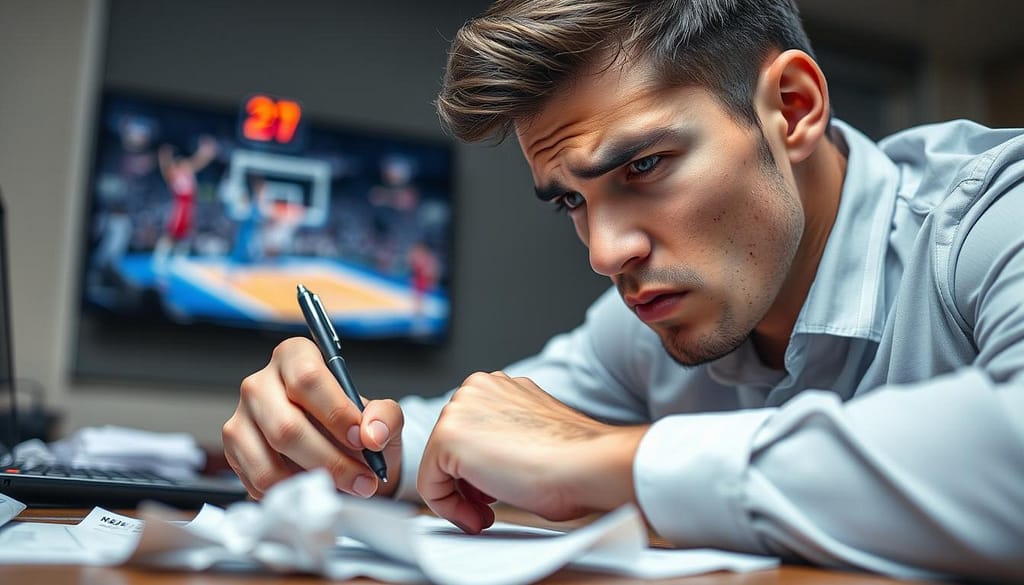 A close-up view of a young professional man seated at a desk, showing visible signs of stress related to betting. His face reflects anxiety, with furrowed brows and tightly pursed lips. His hands grip a pen tightly, knuckles white, while crumpled betting slips lay scattered around him. In the background, an out-of-focus basketball game playing on a screen, casting an ambient glow. Soft, diffused lighting enhances the seriousness of the scene, emphasizing the intensity of his expression. A shallow depth of field keeps the focus on the man, highlighting the physical symptoms of stress, such as sweat on his forehead and a tensed jawline. The overall atmosphere is tense and charged, reflecting the impact of pressure in the world of NBA betting. A close-up view of a young professional man seated at a desk, showing visible signs of stress related to betting. His face reflects anxiety, with furrowed brows and tightly pursed lips. His hands grip a pen tightly, knuckles white, while crumpled betting slips lay scattered around him. In the background, an out-of-focus basketball game playing on a screen, casting an ambient glow. Soft, diffused lighting enhances the seriousness of the scene, emphasizing the intensity of his expression. A shallow depth of field keeps the focus on the man, highlighting the physical symptoms of stress, such as sweat on his forehead and a tensed jawline. The overall atmosphere is tense and charged, reflecting the impact of pressure in the world of NBA betting.