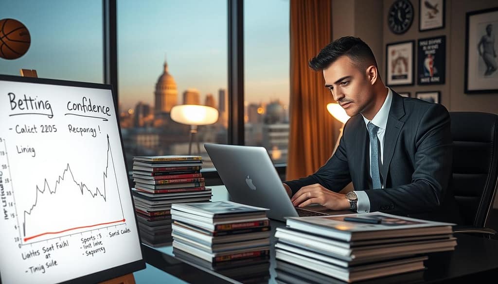 A confident business professional, dressed in a tailored suit, sits at a sleek desk adorned with basketball memorabilia, analyzing betting statistics on a laptop. In the foreground, a whiteboard displays a chart depicting a betting confidence crash, complete with fluctuating lines and notes on recovery strategies. The middle ground features organized stacks of sports betting guides and a glowing LED lamp casting an ambient light, enhancing the focused atmosphere. In the background, a large window reveals an urban skyline bathed in golden hour light, symbolizing opportunity. The overall mood is determined yet contemplative, suggesting resilience and strategic planning in the face of challenges. A confident business professional, dressed in a tailored suit, sits at a sleek desk adorned with basketball memorabilia, analyzing betting statistics on a laptop. In the foreground, a whiteboard displays a chart depicting a betting confidence crash, complete with fluctuating lines and notes on recovery strategies. The middle ground features organized stacks of sports betting guides and a glowing LED lamp casting an ambient light, enhancing the focused atmosphere. In the background, a large window reveals an urban skyline bathed in golden hour light, symbolizing opportunity. The overall mood is determined yet contemplative, suggesting resilience and strategic planning in the face of challenges.