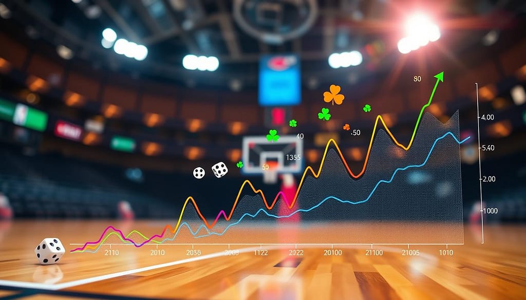 A detailed chart depicting "betting psychology variance and luck" designed for an analytical article. In the foreground, a dynamic line graph showcasing fluctuating odds and outcomes in vibrant colors, representing variance, with upward and downward trends. The middle layer features visually striking icons symbolizing luck, such as dice and four-leaf clovers, interspersed among the data points. In the background, a blurred image of a basketball court, adding context to the theme of NBA betting. The lighting is bright and professional, evoking a sense of clarity and focus, with a slight lens flare that enhances the energy of the scene. The overall mood is analytical yet optimistic, emphasizing the interplay between strategy and chance in sports betting. A detailed chart depicting "betting psychology variance and luck" designed for an analytical article. In the foreground, a dynamic line graph showcasing fluctuating odds and outcomes in vibrant colors, representing variance, with upward and downward trends. The middle layer features visually striking icons symbolizing luck, such as dice and four-leaf clovers, interspersed among the data points. In the background, a blurred image of a basketball court, adding context to the theme of NBA betting. The lighting is bright and professional, evoking a sense of clarity and focus, with a slight lens flare that enhances the energy of the scene. The overall mood is analytical yet optimistic, emphasizing the interplay between strategy and chance in sports betting.