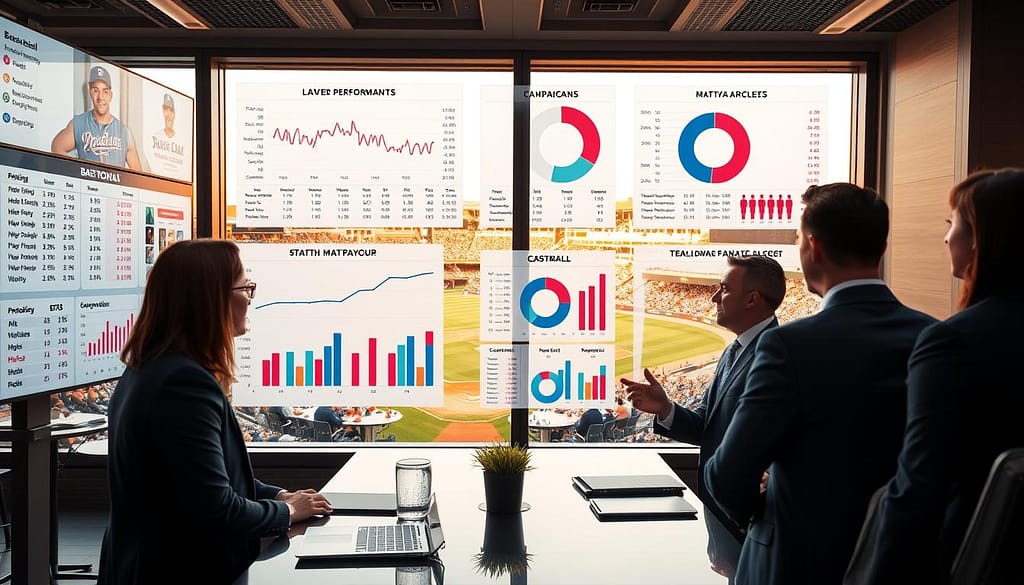 A detailed visualization of "Baseball Matchup History Analysis," showcasing a dynamic scene set in a modern sports analytics office. In the foreground, a diverse group of professional analysts, dressed in smart business attire, intensely discuss baseball statistics displayed on sleek digital screens. In the middle ground, several oversized graphs and pie charts illustrate player performance metrics and historical matchup data, with clear, vibrant colors enhancing visibility. The background features a large window with a view of a bustling baseball stadium, bathed in warm afternoon light. The atmosphere is focused and analytical, with a sense of excitement about uncovering betting insights. The camera angle is slightly elevated, capturing both the engaged analysts and the visual data, creating a cohesive narrative of baseball analysis in action. A detailed visualization of "Baseball Matchup History Analysis," showcasing a dynamic scene set in a modern sports analytics office. In the foreground, a diverse group of professional analysts, dressed in smart business attire, intensely discuss baseball statistics displayed on sleek digital screens. In the middle ground, several oversized graphs and pie charts illustrate player performance metrics and historical matchup data, with clear, vibrant colors enhancing visibility. The background features a large window with a view of a bustling baseball stadium, bathed in warm afternoon light. The atmosphere is focused and analytical, with a sense of excitement about uncovering betting insights. The camera angle is slightly elevated, capturing both the engaged analysts and the visual data, creating a cohesive narrative of baseball analysis in action.