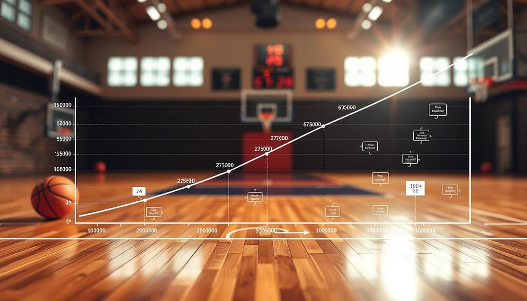 A dynamic and visually engaging chart illustrating the concept of long-term mental game compound interest, designed for an article on sports betting mindset. In the foreground, showcase a detailed line graph representing exponential growth over time, with key milestones clearly marked. The middle ground features elements such as basketballs and small icons of mind maps to symbolize strategy and planning, subtly integrated into the design. The background includes a soft-focus image of a basketball court, adding context without overwhelming the chart. Utilize warm lighting to create an inviting atmosphere, with a slight lens flare to enhance the visual appeal. The overall mood should be inspiring and motivational, emphasizing the importance of long-term thinking in achieving success. A dynamic and visually engaging chart illustrating the concept of long-term mental game compound interest, designed for an article on sports betting mindset. In the foreground, showcase a detailed line graph representing exponential growth over time, with key milestones clearly marked. The middle ground features elements such as basketballs and small icons of mind maps to symbolize strategy and planning, subtly integrated into the design. The background includes a soft-focus image of a basketball court, adding context without overwhelming the chart. Utilize warm lighting to create an inviting atmosphere, with a slight lens flare to enhance the visual appeal. The overall mood should be inspiring and motivational, emphasizing the importance of long-term thinking in achieving success.