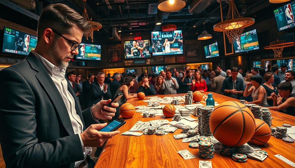 A dynamic scene illustrating the gamblers fallacy in NBA props. In the foreground, a cautious bettor in a smart casual outfit examines a smartphone displaying betting odds and basketball stats, looking puzzled. The middle ground features a large wooden table scattered with basketballs and prop bets related to player performances, with chips and money stacked in disarray, hinting at ongoing strategy discussions. The background showcases a vibrant sports bar filled with screens showing live NBA games, with enthusiastic fans cheering. The lighting is warm and inviting, creating an atmosphere of anticipation and excitement, while a wide-angle lens captures the hustle and bustle, emphasizing the tension of decision-making in sports betting. A dynamic scene illustrating the gamblers fallacy in NBA props. In the foreground, a cautious bettor in a smart casual outfit examines a smartphone displaying betting odds and basketball stats, looking puzzled. The middle ground features a large wooden table scattered with basketballs and prop bets related to player performances, with chips and money stacked in disarray, hinting at ongoing strategy discussions. The background showcases a vibrant sports bar filled with screens showing live NBA games, with enthusiastic fans cheering. The lighting is warm and inviting, creating an atmosphere of anticipation and excitement, while a wide-angle lens captures the hustle and bustle, emphasizing the tension of decision-making in sports betting.