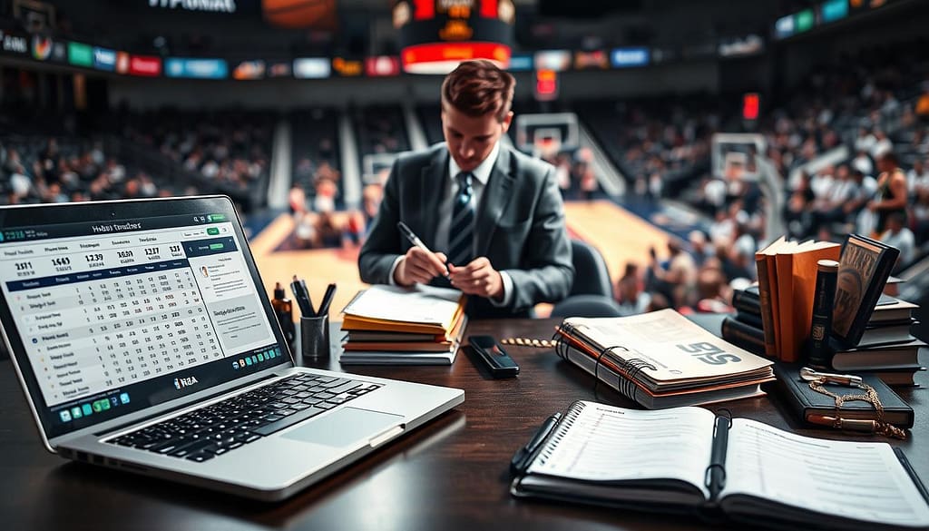 A dynamic visualization of habit stacking techniques in NBA betting. In the foreground, a well-organized desk featuring a laptop displaying NBA statistics and betting odds, alongside a planner filled with habit trackers and notes. In the middle ground, a professional-looking person in business attire is strategizing and jotting down ideas, surrounded by sports memorabilia and books on betting strategies. The background features a basketball court with blurred action, conveying an energetic atmosphere. Soft, focused lighting highlights the desk area, creating a contrast with the slightly dimmer court scene, enhancing the mood of determination and focus. The angle is slightly above eye level, providing a comprehensive view of the scene, emphasizing the intertwining of strategy and sports. A dynamic visualization of habit stacking techniques in NBA betting. In the foreground, a well-organized desk featuring a laptop displaying NBA statistics and betting odds, alongside a planner filled with habit trackers and notes. In the middle ground, a professional-looking person in business attire is strategizing and jotting down ideas, surrounded by sports memorabilia and books on betting strategies. The background features a basketball court with blurred action, conveying an energetic atmosphere. Soft, focused lighting highlights the desk area, creating a contrast with the slightly dimmer court scene, enhancing the mood of determination and focus. The angle is slightly above eye level, providing a comprehensive view of the scene, emphasizing the intertwining of strategy and sports.