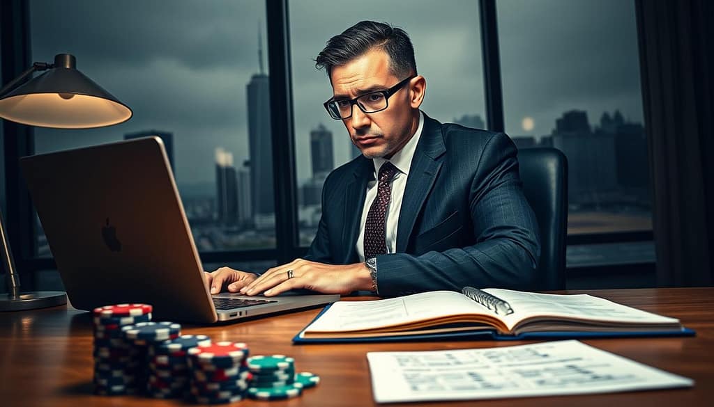 A focused businessman in professional attire, seated at a sleek wooden desk with a laptop displaying NBA betting statistics and graphs, symbolizing risk tolerance. In the foreground, a stack of chips and a notepad filled with notes on bankroll management strategies. The middle layer shows a large window with a gloomy city skyline, reflecting the psychological pressure during drawdowns. In the background, a basketball court subtly visible through the window, hinting at the NBA connection. The lighting is moody, with soft shadows cast by a desk lamp, creating an introspective atmosphere. Capture the tension and determination in the man's expression, embodying the challenges of mental resilience in betting. A focused businessman in professional attire, seated at a sleek wooden desk with a laptop displaying NBA betting statistics and graphs, symbolizing risk tolerance. In the foreground, a stack of chips and a notepad filled with notes on bankroll management strategies. The middle layer shows a large window with a gloomy city skyline, reflecting the psychological pressure during drawdowns. In the background, a basketball court subtly visible through the window, hinting at the NBA connection. The lighting is moody, with soft shadows cast by a desk lamp, creating an introspective atmosphere. Capture the tension and determination in the man's expression, embodying the challenges of mental resilience in betting.