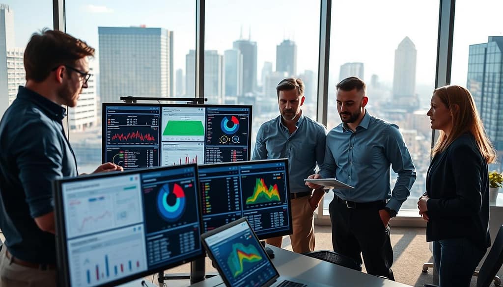 A high-tech baseball analysis scene set in a modern, spacious office. In the foreground, a diverse group of four professionals, dressed in smart casual attire, intensely discussing data displayed on multiple screens showcasing advanced splits and statistical graphs. The middle ground features sleek digital interfaces with vibrant charts highlighting player performances in different matchups. In the background, large windows reveal a city skyline under soft natural light, creating an engaging, energetic atmosphere. The scene captures the essence of analytical collaboration, with a focus on data-driven decision-making. The lighting is bright and inviting, emphasizing a blend of modern technology and sports passion. A wide-angle lens perspective enhances the depth of the environment, showcasing the professionalism and focus of the team. A high-tech baseball analysis scene set in a modern, spacious office. In the foreground, a diverse group of four professionals, dressed in smart casual attire, intensely discussing data displayed on multiple screens showcasing advanced splits and statistical graphs. The middle ground features sleek digital interfaces with vibrant charts highlighting player performances in different matchups. In the background, large windows reveal a city skyline under soft natural light, creating an engaging, energetic atmosphere. The scene captures the essence of analytical collaboration, with a focus on data-driven decision-making. The lighting is bright and inviting, emphasizing a blend of modern technology and sports passion. A wide-angle lens perspective enhances the depth of the environment, showcasing the professionalism and focus of the team.