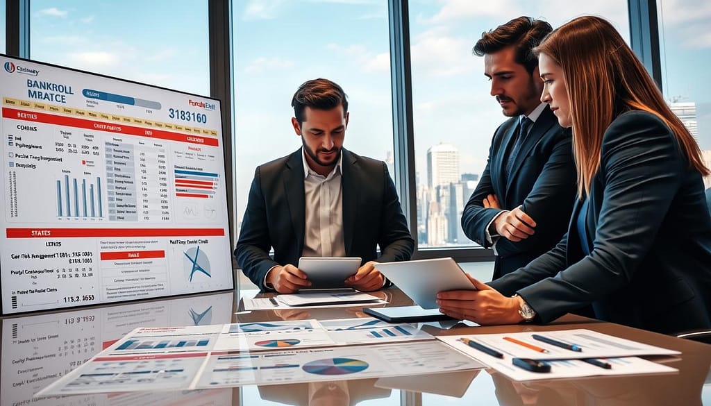 A professional business setting illustrating a detailed bankroll management strategy for football betting. In the foreground, a diverse group of three individuals—two men and one woman—are closely observing a large digital display filled with betting statistics and graphs. They wear smart business attire, engaged in serious discussion over a tablet and papers spread out on a polished conference table. The middle ground features a dynamic infograph highlighting risk management principles, cash flow charts, and psychological factors influencing betting decisions. In the background, a large window reveals a vibrant cityscape, bathed in soft, natural light, enhancing the atmosphere of focus and determination. The scene conveys a mix of strategic planning, analytical thought, and ambitious professionalism, suitable for data-minded bettors. A professional business setting illustrating a detailed bankroll management strategy for football betting. In the foreground, a diverse group of three individuals—two men and one woman—are closely observing a large digital display filled with betting statistics and graphs. They wear smart business attire, engaged in serious discussion over a tablet and papers spread out on a polished conference table. The middle ground features a dynamic infograph highlighting risk management principles, cash flow charts, and psychological factors influencing betting decisions. In the background, a large window reveals a vibrant cityscape, bathed in soft, natural light, enhancing the atmosphere of focus and determination. The scene conveys a mix of strategic planning, analytical thought, and ambitious professionalism, suitable for data-minded bettors.