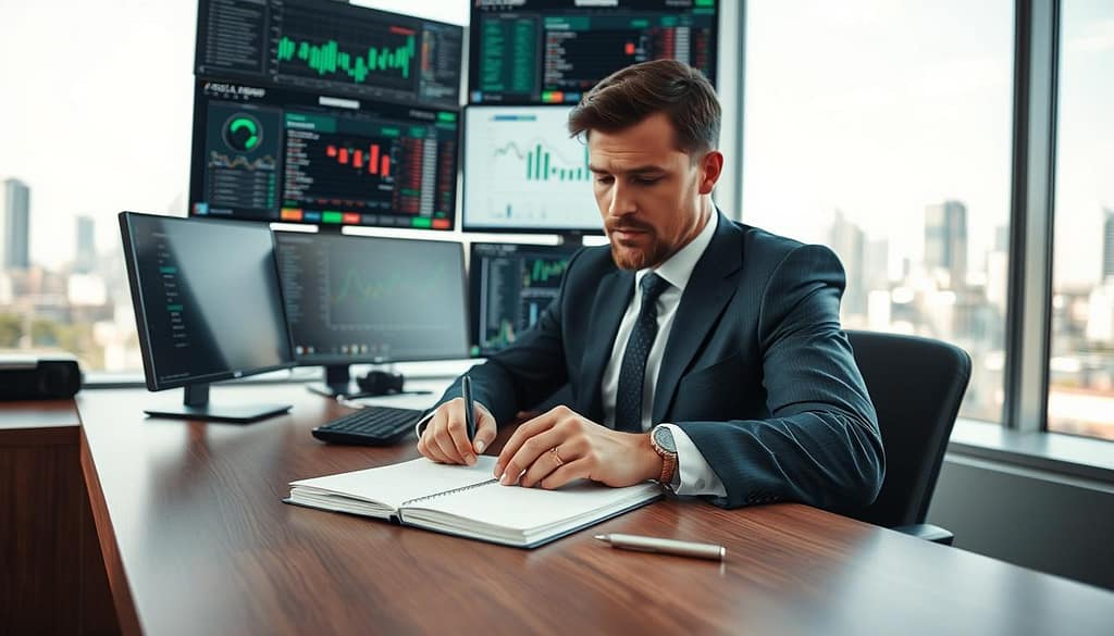 A professional businessman in a modern office setting, focused on developing betting skills, is seated at a sleek wooden desk surrounded by multiple screens displaying data analytics, charts, and odds. In the foreground, a notebook and a pen suggest a diligent approach to learning. The middle ground features the man in a tailored suit, intently analyzing the information on his screens, embodying discipline and strategy. The background shows a large window with cityscape views, allowing natural light to filter in, creating a bright and optimistic atmosphere. The mood is one of concentration and motivation, highlighting the journey of skill development in smart betting. Use a wide-angle lens for depth and clarity in the composition. A professional businessman in a modern office setting, focused on developing betting skills, is seated at a sleek wooden desk surrounded by multiple screens displaying data analytics, charts, and odds. In the foreground, a notebook and a pen suggest a diligent approach to learning. The middle ground features the man in a tailored suit, intently analyzing the information on his screens, embodying discipline and strategy. The background shows a large window with cityscape views, allowing natural light to filter in, creating a bright and optimistic atmosphere. The mood is one of concentration and motivation, highlighting the journey of skill development in smart betting. Use a wide-angle lens for depth and clarity in the composition.
