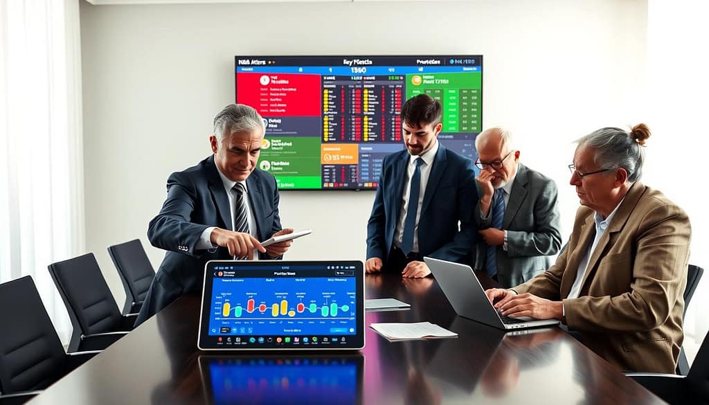 A professional setting featuring a diverse group of individuals gathered around a large conference table, intently discussing NBA betting strategies. In the foreground, a middle-aged man in a sharp business suit gestures towards a digital tablet displaying a colorful graphical timeline of betting choices. Beside him, a young woman in smart casual attire takes notes, while another participant, a focused older gentleman, reviews statistics on a laptop. The middle ground showcases a wall-mounted screen displaying key metrics and predictions in vibrant colors, creating a sense of dynamic analysis. The background features a large window with daylight streaming in, enhancing the atmosphere of professionalism and focus. The overall mood is one of collaboration, strategic thinking, and efficiency, with soft lighting emphasizing the importance of time management in decision-making. A professional setting featuring a diverse group of individuals gathered around a large conference table, intently discussing NBA betting strategies. In the foreground, a middle-aged man in a sharp business suit gestures towards a digital tablet displaying a colorful graphical timeline of betting choices. Beside him, a young woman in smart casual attire takes notes, while another participant, a focused older gentleman, reviews statistics on a laptop. The middle ground showcases a wall-mounted screen displaying key metrics and predictions in vibrant colors, creating a sense of dynamic analysis. The background features a large window with daylight streaming in, enhancing the atmosphere of professionalism and focus. The overall mood is one of collaboration, strategic thinking, and efficiency, with soft lighting emphasizing the importance of time management in decision-making.