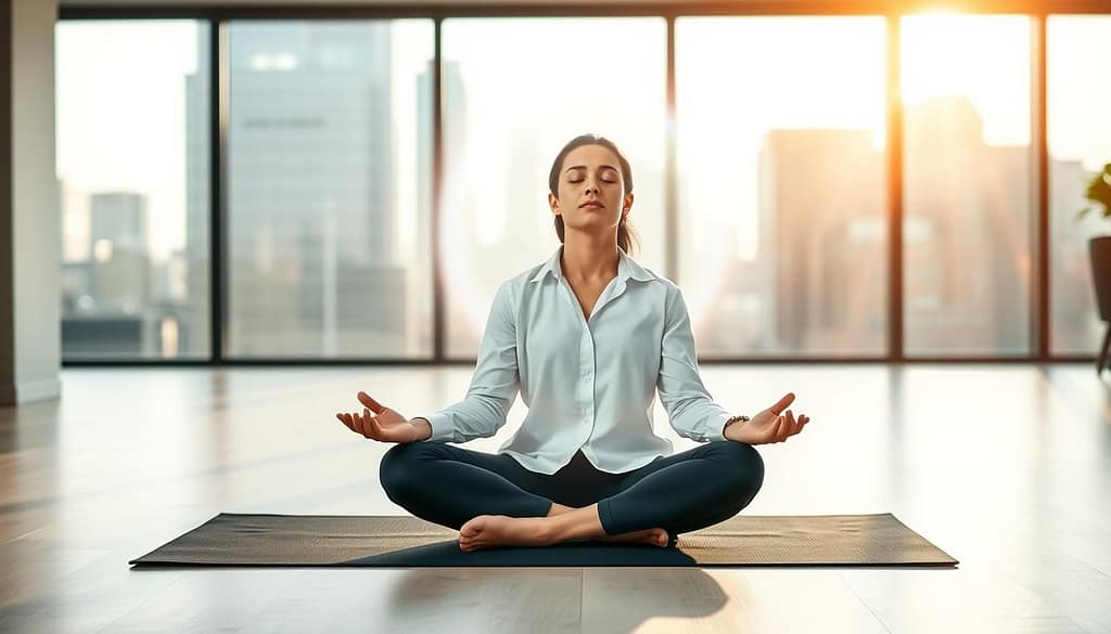 A serene and focused individual practicing mindfulness techniques in a well-lit, modern office space. In the foreground, a person sitting cross-legged on a yoga mat, dressed in professional business attire, eyes closed, with a calm expression. The middle ground features a softly glowing aura around them, symbolizing clarity and focus. In the background, large windows display a bright cityscape, conveying a sense of openness and possibility. The lighting is soft and warm, creating a peaceful atmosphere. The image should capture a blend of concentration and tranquility, reflecting the essence of mindfulness in decision-making, specifically in the context of sports betting clarity. A serene and focused individual practicing mindfulness techniques in a well-lit, modern office space. In the foreground, a person sitting cross-legged on a yoga mat, dressed in professional business attire, eyes closed, with a calm expression. The middle ground features a softly glowing aura around them, symbolizing clarity and focus. In the background, large windows display a bright cityscape, conveying a sense of openness and possibility. The lighting is soft and warm, creating a peaceful atmosphere. The image should capture a blend of concentration and tranquility, reflecting the essence of mindfulness in decision-making, specifically in the context of sports betting clarity.