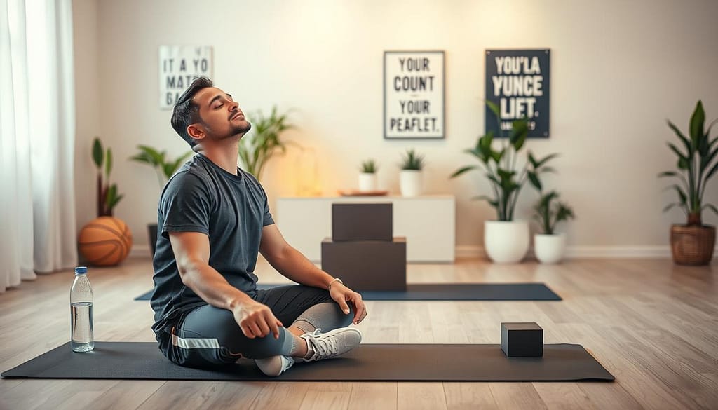 A serene indoor setting showcasing a well-dressed person in professional sports attire, seated comfortably on a yoga mat, engaging in the Progressive Muscle Relaxation technique. In the foreground, the individual has a relaxed expression, eyes closed, with hands resting on their knees, embodying a state of calmness. The middle section features tranquil props like a water bottle and yoga blocks, enhancing the atmosphere of relaxation. In the background, soft ambient lighting illuminates a peaceful room with plants and motivational posters on the walls, creating a cozy, inspiring environment. The overall mood is calm and focused, emphasizing the importance of relaxation in managing stress while betting on NBA games. Use warm, soothing colors to reinforce the tranquility of the scene. A serene indoor setting showcasing a well-dressed person in professional sports attire, seated comfortably on a yoga mat, engaging in the Progressive Muscle Relaxation technique. In the foreground, the individual has a relaxed expression, eyes closed, with hands resting on their knees, embodying a state of calmness. The middle section features tranquil props like a water bottle and yoga blocks, enhancing the atmosphere of relaxation. In the background, soft ambient lighting illuminates a peaceful room with plants and motivational posters on the walls, creating a cozy, inspiring environment. The overall mood is calm and focused, emphasizing the importance of relaxation in managing stress while betting on NBA games. Use warm, soothing colors to reinforce the tranquility of the scene.
