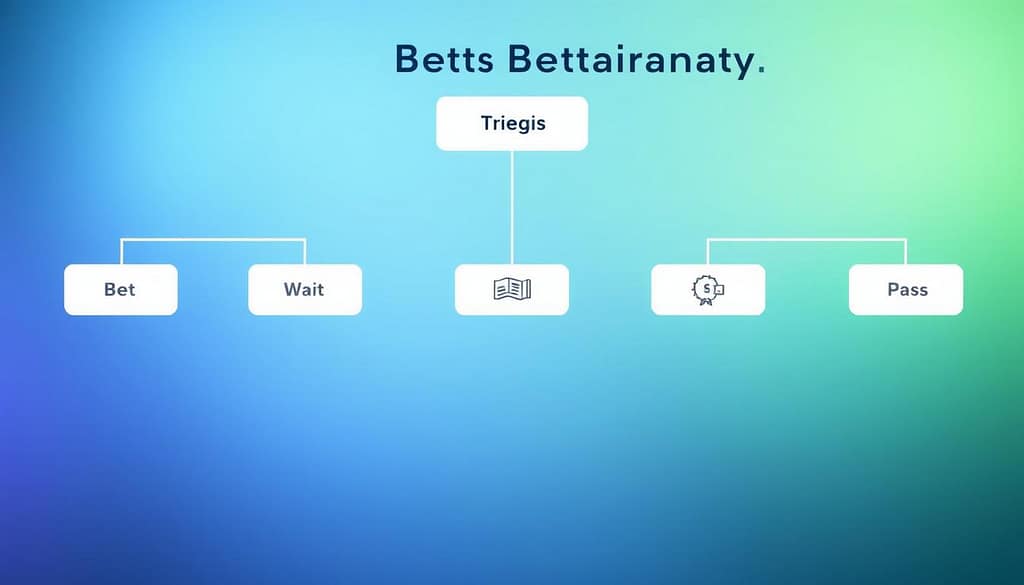 A sleek and modern decision tree flowchart illustrating betting options, with a clear, structured layout. The foreground features distinct branches labeled 'Bet Now', 'Wait', and 'Pass', each connected by arrows, symbolizing choices in public betting analysis. The middle layer displays simple icons representing data analysis and betting, enhancing the flowchart’s functionality. In the background, a soft gradient of blue and green gives a calming effect, suggesting analytical thinking. The lighting is bright but soft, drawing attention to the decision tree while maintaining a professional atmosphere. The entire image focuses on clarity and ease of understanding, suitable for an educational context on betting data analysis. A sleek and modern decision tree flowchart illustrating betting options, with a clear, structured layout. The foreground features distinct branches labeled 'Bet Now', 'Wait', and 'Pass', each connected by arrows, symbolizing choices in public betting analysis. The middle layer displays simple icons representing data analysis and betting, enhancing the flowchart’s functionality. In the background, a soft gradient of blue and green gives a calming effect, suggesting analytical thinking. The lighting is bright but soft, drawing attention to the decision tree while maintaining a professional atmosphere. The entire image focuses on clarity and ease of understanding, suitable for an educational context on betting data analysis.