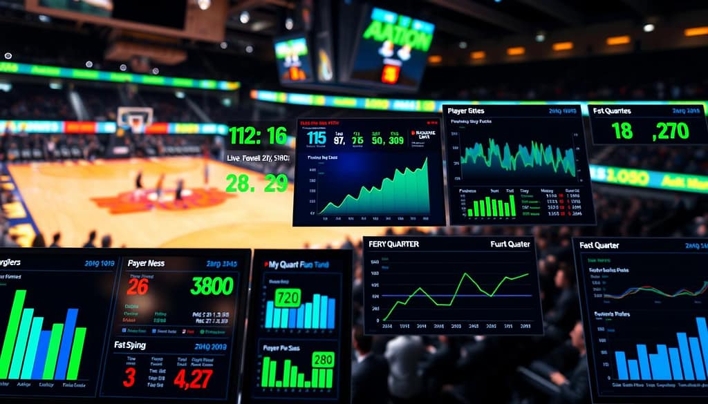 A sleek, modern sports analytics dashboard displaying vibrant basketball live betting statistics for fourth-quarter performance. In the foreground, interactive graphs showcase player stats, shooting percentages, and team performance metrics, highlighted in bright colors like green and blue for clarity. The middle layer features a digital screen with dynamic numbers and charts, emphasizing the excitement and urgency of live betting during a game. The background depicts a blurred basketball court illuminated by stadium lights, with spectators in professional attire, creating an atmosphere of anticipation. The scene is captured from a low-angle perspective, enhancing the immersive experience, with a warm glow emanating from the screens to evoke a sense of engagement and professionalism. A sleek, modern sports analytics dashboard displaying vibrant basketball live betting statistics for fourth-quarter performance. In the foreground, interactive graphs showcase player stats, shooting percentages, and team performance metrics, highlighted in bright colors like green and blue for clarity. The middle layer features a digital screen with dynamic numbers and charts, emphasizing the excitement and urgency of live betting during a game. The background depicts a blurred basketball court illuminated by stadium lights, with spectators in professional attire, creating an atmosphere of anticipation. The scene is captured from a low-angle perspective, enhancing the immersive experience, with a warm glow emanating from the screens to evoke a sense of engagement and professionalism.