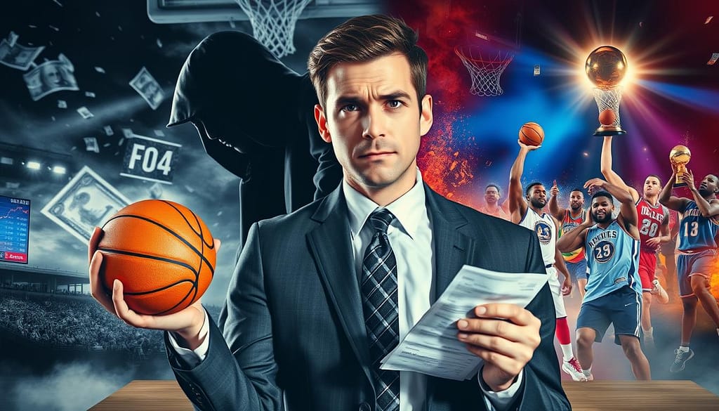 A split scene illustrating the competing emotions of fear and greed in NBA betting. In the foreground, a professional-looking individual, dressed in business attire, displays a conflicted expression, clutching a basketball and a betting slip. On the left side, a shadowy figure representing fear looms over a dark, stormy background filled with ominous imagery like falling stock charts and chaotic NBA game footage. On the right side, a brighter scene embodies greed, featuring vibrant colors and winning players, with images of overflowing money and trophies. The lighting shifts dramatically between both sides, casting sharp contrasts and creating a tense atmosphere. The overall mood conveys the psychological battle faced by bettors in the NBA market. A split scene illustrating the competing emotions of fear and greed in NBA betting. In the foreground, a professional-looking individual, dressed in business attire, displays a conflicted expression, clutching a basketball and a betting slip. On the left side, a shadowy figure representing fear looms over a dark, stormy background filled with ominous imagery like falling stock charts and chaotic NBA game footage. On the right side, a brighter scene embodies greed, featuring vibrant colors and winning players, with images of overflowing money and trophies. The lighting shifts dramatically between both sides, casting sharp contrasts and creating a tense atmosphere. The overall mood conveys the psychological battle faced by bettors in the NBA market.