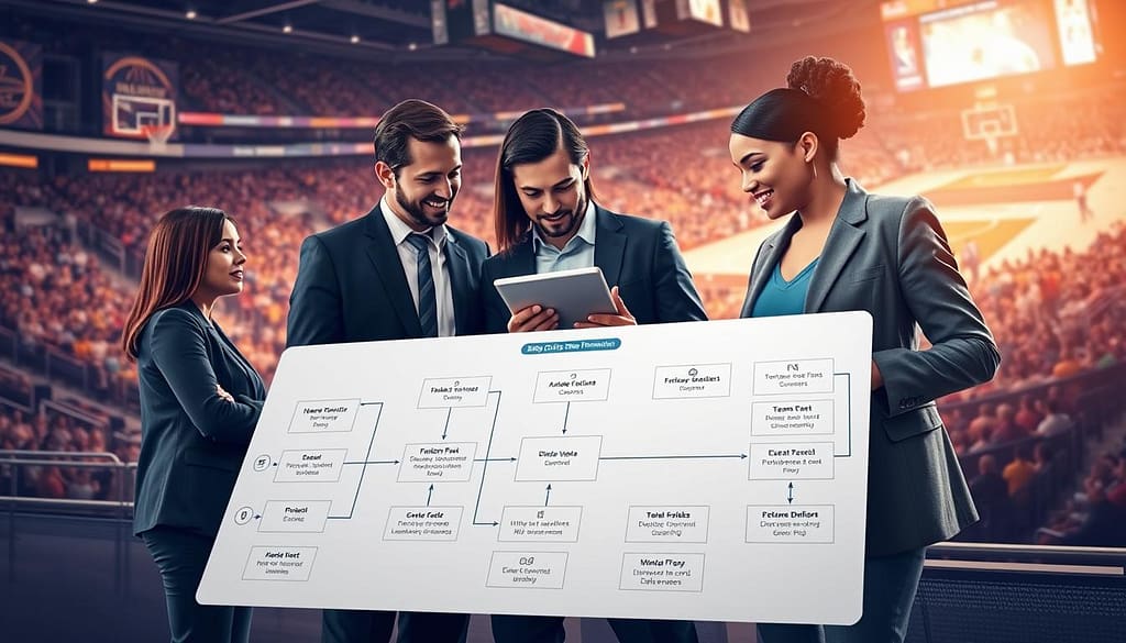 A visually engaging illustration of a "betting choices framework" designed for NBA betting decisions. In the foreground, a large, stylized flowchart displays the various betting options and decision paths, with crisp icons representing teams, odds, and data analysis tools. The middle ground features a group of diverse professionals—two men and two women—dressed in smart casual attire, intently discussing the framework with a digital tablet, highlighting collaboration. The background showcases a dynamic basketball arena, with vibrant team colors and excited fans, adding energy to the scene. Soft, ambient lighting enhances the focus on the flowchart while casting gentle shadows, creating a thoughtful and strategic atmosphere. The angle captures the group’s engagement, making the viewer feel part of the decision-making process. A visually engaging illustration of a "betting choices framework" designed for NBA betting decisions. In the foreground, a large, stylized flowchart displays the various betting options and decision paths, with crisp icons representing teams, odds, and data analysis tools. The middle ground features a group of diverse professionals—two men and two women—dressed in smart casual attire, intently discussing the framework with a digital tablet, highlighting collaboration. The background showcases a dynamic basketball arena, with vibrant team colors and excited fans, adding energy to the scene. Soft, ambient lighting enhances the focus on the flowchart while casting gentle shadows, creating a thoughtful and strategic atmosphere. The angle captures the group’s engagement, making the viewer feel part of the decision-making process.