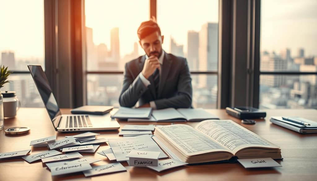 A visually striking image of a modern office desk setting symbolizing mental accounting errors in money management. In the foreground, a neatly organized desk with a sleek laptop, financial documents, and an open notebook filled with scribbled calculations. Scattered around are small envelopes labeled with various categories like "Savings," "Bills," and "Entertainment," hinting at mental compartmentalization. In the middle ground, a thoughtful person in professional business attire, with a focused expression, reviews the documents, symbolizing reflection on their budgeting mistakes. The background presents a softly blurred city skyline through a large window, conveying a sense of ambition and success. Employ warm ambient lighting to create an inviting, contemplative mood, while using a shallow depth of field to draw attention to the desk elements. A visually striking image of a modern office desk setting symbolizing mental accounting errors in money management. In the foreground, a neatly organized desk with a sleek laptop, financial documents, and an open notebook filled with scribbled calculations. Scattered around are small envelopes labeled with various categories like "Savings," "Bills," and "Entertainment," hinting at mental compartmentalization. In the middle ground, a thoughtful person in professional business attire, with a focused expression, reviews the documents, symbolizing reflection on their budgeting mistakes. The background presents a softly blurred city skyline through a large window, conveying a sense of ambition and success. Employ warm ambient lighting to create an inviting, contemplative mood, while using a shallow depth of field to draw attention to the desk elements.