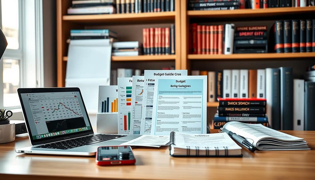 A well-organized office desk scene showcasing a selection of betting tools across three distinct tiers: budget, mid, and pro. In the foreground, display a sleek laptop open with a betting tracker app visible, alongside a smartphone showing betting odds. Layered in the middle, include various user-friendly tools such as a set of colorful charts and a budget guideline pamphlet neatly placed next to a notepad filled with strategic notes. In the background, shelves contain high-quality books on betting strategies and sports analytics. The lighting is bright and natural, casting a warm and inviting glow, while the scene is captured from a slightly elevated angle to provide depth. The mood is professional and focused, emphasizing productivity and strategic decision-making. A well-organized office desk scene showcasing a selection of betting tools across three distinct tiers: budget, mid, and pro. In the foreground, display a sleek laptop open with a betting tracker app visible, alongside a smartphone showing betting odds. Layered in the middle, include various user-friendly tools such as a set of colorful charts and a budget guideline pamphlet neatly placed next to a notepad filled with strategic notes. In the background, shelves contain high-quality books on betting strategies and sports analytics. The lighting is bright and natural, casting a warm and inviting glow, while the scene is captured from a slightly elevated angle to provide depth. The mood is professional and focused, emphasizing productivity and strategic decision-making.