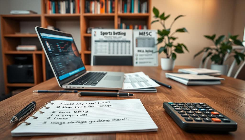 A well-organized workspace with a large wooden desk and a laptop displaying a sports betting interface. In the foreground, a notepad with clearly defined loss limits and stop rules, alongside a pen and a calculator for managing finances. The middle ground includes sports betting materials, like a printed chart of NBA betting statistics and strategic guidelines. In the background, soft lighting casts a warm glow, highlighting a bookshelf filled with sports-related books and a potted plant for a touch of nature. The atmosphere is calm and focused, suggesting discipline and strategy in betting. Use a shallow depth of field to emphasize the desk while maintaining a soft focus on the background elements. A well-organized workspace with a large wooden desk and a laptop displaying a sports betting interface. In the foreground, a notepad with clearly defined loss limits and stop rules, alongside a pen and a calculator for managing finances. The middle ground includes sports betting materials, like a printed chart of NBA betting statistics and strategic guidelines. In the background, soft lighting casts a warm glow, highlighting a bookshelf filled with sports-related books and a potted plant for a touch of nature. The atmosphere is calm and focused, suggesting discipline and strategy in betting. Use a shallow depth of field to emphasize the desk while maintaining a soft focus on the background elements.