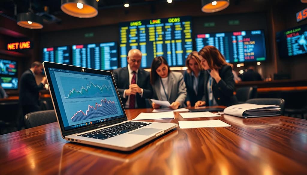 An analytical representation of line movement analysis in football betting, focusing on data trends. In the foreground, a polished wooden table displays a high-tech laptop with graphs and charts projecting line movements, surrounded by professional business documents. In the middle ground, a diverse group of individuals in business attire, both men and women, collaborate over data analysis, closely examining the laptop screen. In the background, a digital display board shows fluctuating betting lines and odds, with blurred hints of a lively sports bar atmosphere. The setting is well-lit with warm lighting, creating an engaging and focused mood, emphasizing teamwork and strategy in sports betting. Capture this scene from a slightly elevated angle to provide depth. An analytical representation of line movement analysis in football betting, focusing on data trends. In the foreground, a polished wooden table displays a high-tech laptop with graphs and charts projecting line movements, surrounded by professional business documents. In the middle ground, a diverse group of individuals in business attire, both men and women, collaborate over data analysis, closely examining the laptop screen. In the background, a digital display board shows fluctuating betting lines and odds, with blurred hints of a lively sports bar atmosphere. The setting is well-lit with warm lighting, creating an engaging and focused mood, emphasizing teamwork and strategy in sports betting. Capture this scene from a slightly elevated angle to provide depth.