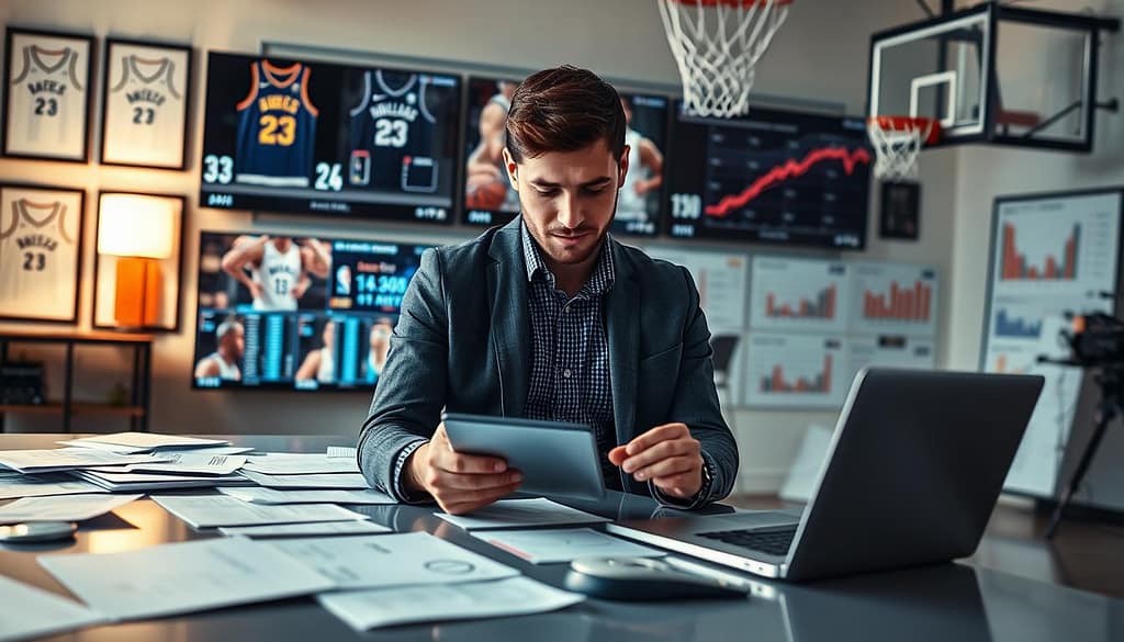 An analytical setting for NBA betting analysis, with a young professional male analyst in a smart casual outfit, intently studying player statistics on a digital tablet. In the foreground, a sleek, modern desk cluttered with sports analytics papers and a laptop displaying live game stats. In the middle, large screens showing recent game highlights with players on hot streaks, emphasizing their performance. The background reveals a wall adorned with framed jerseys, charts depicting trends in team performance, and a basketball hoop, subtly hinting at the intensity of sports betting. Soft, ambient lighting enhances the focus on the analyst, creating a serious yet engaging mood that reflects the urgency of understanding recency bias in betting analysis. An analytical setting for NBA betting analysis, with a young professional male analyst in a smart casual outfit, intently studying player statistics on a digital tablet. In the foreground, a sleek, modern desk cluttered with sports analytics papers and a laptop displaying live game stats. In the middle, large screens showing recent game highlights with players on hot streaks, emphasizing their performance. The background reveals a wall adorned with framed jerseys, charts depicting trends in team performance, and a basketball hoop, subtly hinting at the intensity of sports betting. Soft, ambient lighting enhances the focus on the analyst, creating a serious yet engaging mood that reflects the urgency of understanding recency bias in betting analysis.