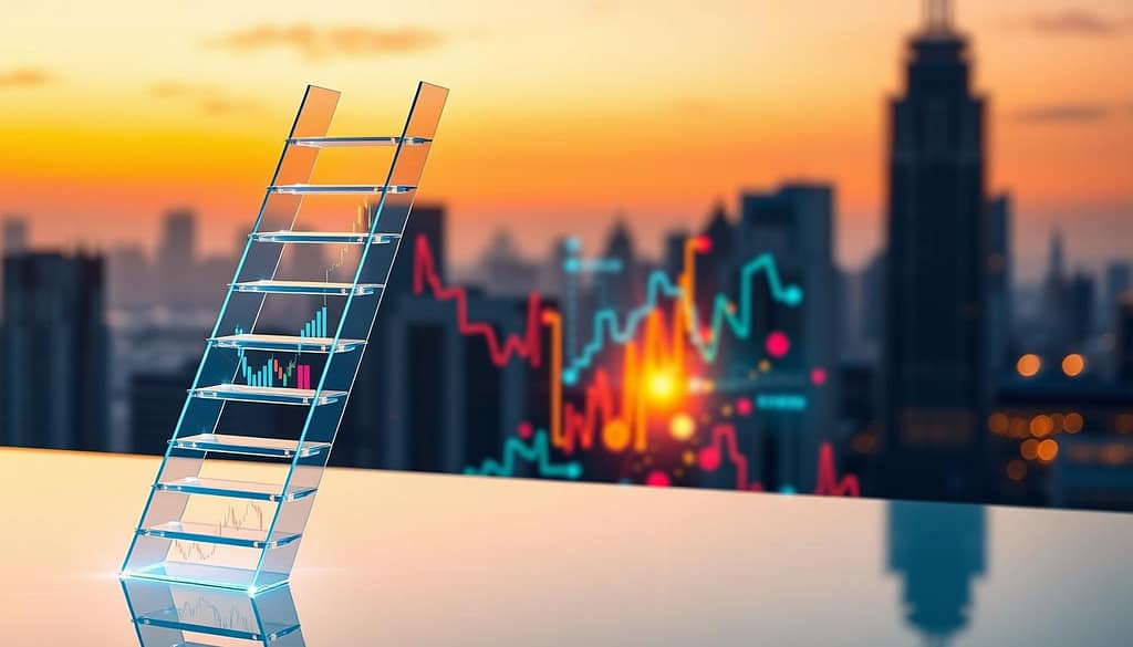 A conceptual illustration depicting "ladder strategies partial hedges" within a modern financial context. In the foreground, a sleek digital ladder made of transparent glass showcases several tiers, each representing different financial instruments in staggered positions. In the middle ground, colorful abstract charts and graphs symbolize market fluctuations and risk management, infused with light to create a dynamic feel. The background features a stylized city skyline at dusk, with soft lighting casting a professional ambiance. A slight blur on the distant buildings suggests depth. The overall atmosphere should convey sophistication, strategy, and innovation in finance, with warm color tones and a slightly futuristic vibe. A conceptual illustration depicting "ladder strategies partial hedges" within a modern financial context. In the foreground, a sleek digital ladder made of transparent glass showcases several tiers, each representing different financial instruments in staggered positions. In the middle ground, colorful abstract charts and graphs symbolize market fluctuations and risk management, infused with light to create a dynamic feel. The background features a stylized city skyline at dusk, with soft lighting casting a professional ambiance. A slight blur on the distant buildings suggests depth. The overall atmosphere should convey sophistication, strategy, and innovation in finance, with warm color tones and a slightly futuristic vibe.