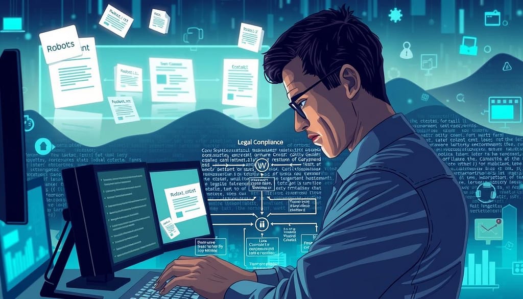 A detailed conceptual illustration focusing on the theme of web scraping ethics and legal boundaries. In the foreground, a thoughtful professional in business attire examines data on multiple screens, with visual representations of robots.txt files and terms of service documents floating around. The middle ground features a visually organized flowchart outlining the legal compliance aspects of scraping, interspersed with symbols representing fair use myths and ethical considerations. In the background, a digital landscape of stylized code and abstract representations of websites creates an immersive atmosphere, illuminated by soft blue and green lighting to evoke a high-tech ambiance. The composition conveys a serious yet informative mood, emphasizing the importance of ethical practices in the data-driven world. A detailed conceptual illustration focusing on the theme of web scraping ethics and legal boundaries. In the foreground, a thoughtful professional in business attire examines data on multiple screens, with visual representations of robots.txt files and terms of service documents floating around. The middle ground features a visually organized flowchart outlining the legal compliance aspects of scraping, interspersed with symbols representing fair use myths and ethical considerations. In the background, a digital landscape of stylized code and abstract representations of websites creates an immersive atmosphere, illuminated by soft blue and green lighting to evoke a high-tech ambiance. The composition conveys a serious yet informative mood, emphasizing the importance of ethical practices in the data-driven world.