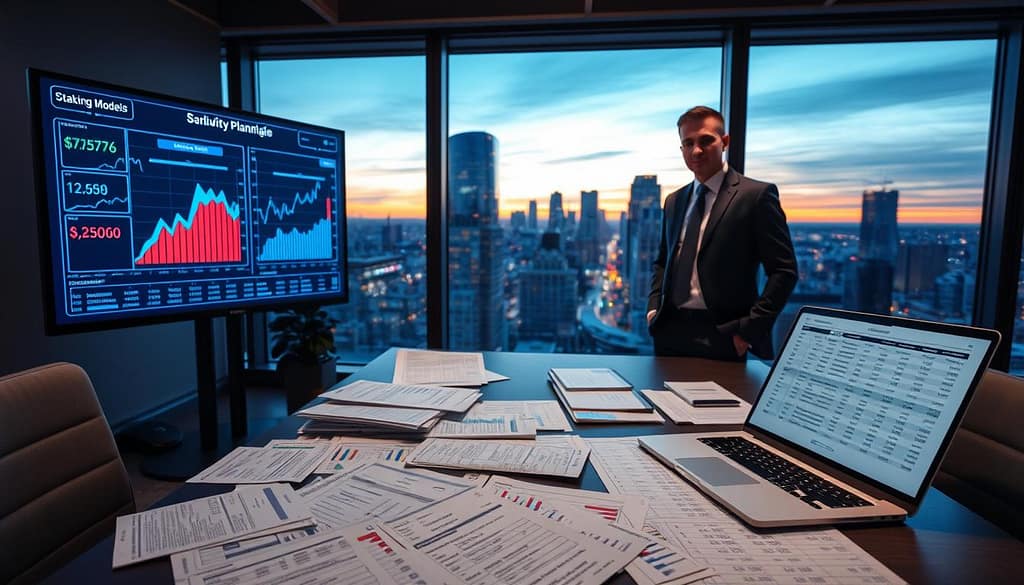 A detailed financial workspace illustrating staking models and bankroll liquidity planning. In the foreground, a professional businessperson in business attire stands beside a digital screen displaying graphs and data visualizations related to liquidity and arbitrage. In the middle, a large table features scattered data sheets, financial reports, and a laptop open to a spreadsheet filled with numbers and projections. The background showcases large windows with city views at dusk, casting soft blue and orange lighting into the room, enhancing a focused atmosphere. The overall scene should convey a sense of strategy, analysis, and financial expertise, with a vibrant yet professional mood, and depth provided through the angle of the shot. A detailed financial workspace illustrating staking models and bankroll liquidity planning. In the foreground, a professional businessperson in business attire stands beside a digital screen displaying graphs and data visualizations related to liquidity and arbitrage. In the middle, a large table features scattered data sheets, financial reports, and a laptop open to a spreadsheet filled with numbers and projections. The background showcases large windows with city views at dusk, casting soft blue and orange lighting into the room, enhancing a focused atmosphere. The overall scene should convey a sense of strategy, analysis, and financial expertise, with a vibrant yet professional mood, and depth provided through the angle of the shot.