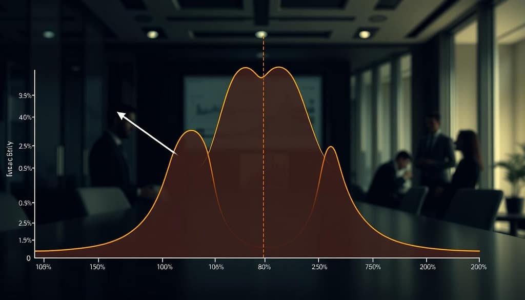 A detailed illustration of statistical distribution tails, showcasing a contrasting view of both the left and right tails of a normal distribution graph. In the foreground, distinct and visually engaging curves represent the tails, with one side depicting high-risk, low-probability events (influential spikes) and the other side indicating near-zero probabilities tapering off smoothly. The middle ground should show additional statistical diagrams, such as histograms and curves that represent various market scenarios, emphasizing volatility. The background features a darker, blurred office setting with silhouettes of business professionals engaged in discussion, hinting at serious analysis. The lighting is soft yet focused, highlighting the graph and creating an atmosphere of contemplation and seriousness, captured from a slightly elevated angle for depth and perspective. A detailed illustration of statistical distribution tails, showcasing a contrasting view of both the left and right tails of a normal distribution graph. In the foreground, distinct and visually engaging curves represent the tails, with one side depicting high-risk, low-probability events (influential spikes) and the other side indicating near-zero probabilities tapering off smoothly. The middle ground should show additional statistical diagrams, such as histograms and curves that represent various market scenarios, emphasizing volatility. The background features a darker, blurred office setting with silhouettes of business professionals engaged in discussion, hinting at serious analysis. The lighting is soft yet focused, highlighting the graph and creating an atmosphere of contemplation and seriousness, captured from a slightly elevated angle for depth and perspective.