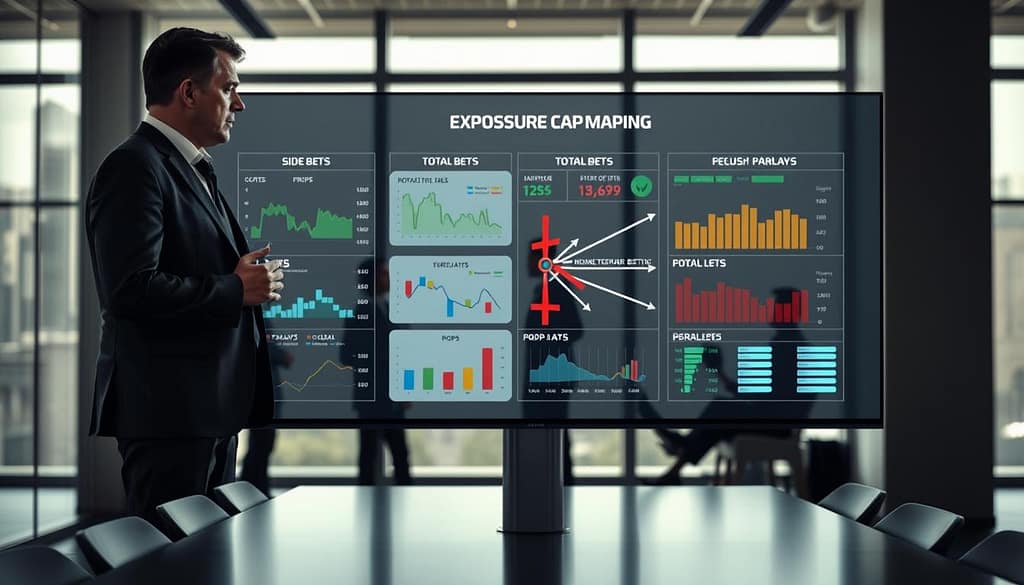 A detailed visualization of "exposure caps mapping" for sports betting, presented in a sleek, modern office setting. In the foreground, a smartly dressed professional, perhaps a middle-aged man wearing a tailored suit, stands intently analyzing a large digital screen that displays colorful graphs and charts representing side bets, total bets, props, and parlays. The middle section features dynamic data visualizations with arrows connecting various components, showcasing interrelations. In the background, soft-focus silhouettes of coworkers engaged in discussions accentuate the collaborative atmosphere, with large windows allowing natural light to illuminate the room. The overall mood is analytical and professional, emphasizing clarity and precision in portfolio construction for advanced bettors. The scene is well-balanced, capturing both focus and teamwork in a contemporary finance environment. A detailed visualization of "exposure caps mapping" for sports betting, presented in a sleek, modern office setting. In the foreground, a smartly dressed professional, perhaps a middle-aged man wearing a tailored suit, stands intently analyzing a large digital screen that displays colorful graphs and charts representing side bets, total bets, props, and parlays. The middle section features dynamic data visualizations with arrows connecting various components, showcasing interrelations. In the background, soft-focus silhouettes of coworkers engaged in discussions accentuate the collaborative atmosphere, with large windows allowing natural light to illuminate the room. The overall mood is analytical and professional, emphasizing clarity and precision in portfolio construction for advanced bettors. The scene is well-balanced, capturing both focus and teamwork in a contemporary finance environment.