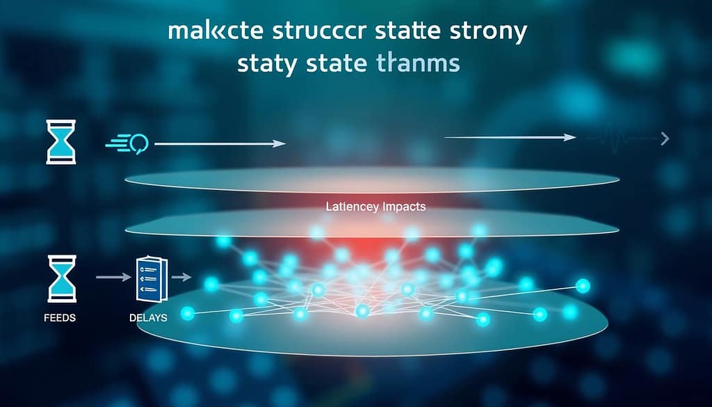 A detailed visualization of "market structure latency state transitions," showcasing a conceptual diagram with multiple layers. In the foreground, include stylized icons representing feeds (data streams), holds (pause symbols), and delays (hourglass imagery) interconnected by flowing lines. In the middle ground, illustrate a network of nodes and connections to signify latency impacts, with vibrant colors like blue and green to convey technology. The background should feature a soft gradient of darker shades to suggest depth and focus, subtly hinting at a digital trading environment. The lighting should be bright but balanced, with a slight glow around the nodes to emphasize their importance. The overall mood should be analytical and professional, reflecting a cutting-edge financial technology atmosphere without any text or branding. A detailed visualization of "market structure latency state transitions," showcasing a conceptual diagram with multiple layers. In the foreground, include stylized icons representing feeds (data streams), holds (pause symbols), and delays (hourglass imagery) interconnected by flowing lines. In the middle ground, illustrate a network of nodes and connections to signify latency impacts, with vibrant colors like blue and green to convey technology. The background should feature a soft gradient of darker shades to suggest depth and focus, subtly hinting at a digital trading environment. The lighting should be bright but balanced, with a slight glow around the nodes to emphasize their importance. The overall mood should be analytical and professional, reflecting a cutting-edge financial technology atmosphere without any text or branding.