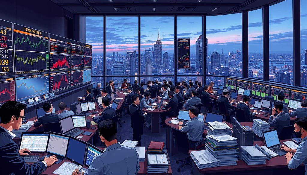 A dynamic and visually engaging illustration of a financial trading room focused on market microstructure betting derivative markets. In the foreground, a diverse group of professionals, dressed in smart business attire, are intensely analyzing data on multiple large screens displaying graphs, charts, and flashing numbers related to team totals and alternative lines. In the middle ground, a bustling atmosphere filled with traders discussing strategies, surrounded by stacks of financial reports and laptops. The background features a sleek modern office with panoramic windows showing a city skyline under a bluish twilight, casting soft ambient lighting. The mood is tense but focused, capturing the critical nature of timing in market dynamics. Use a wide-angle lens to emphasize the bustling environment and create depth in the scene. A dynamic and visually engaging illustration of a financial trading room focused on market microstructure betting derivative markets. In the foreground, a diverse group of professionals, dressed in smart business attire, are intensely analyzing data on multiple large screens displaying graphs, charts, and flashing numbers related to team totals and alternative lines. In the middle ground, a bustling atmosphere filled with traders discussing strategies, surrounded by stacks of financial reports and laptops. The background features a sleek modern office with panoramic windows showing a city skyline under a bluish twilight, casting soft ambient lighting. The mood is tense but focused, capturing the critical nature of timing in market dynamics. Use a wide-angle lens to emphasize the bustling environment and create depth in the scene.