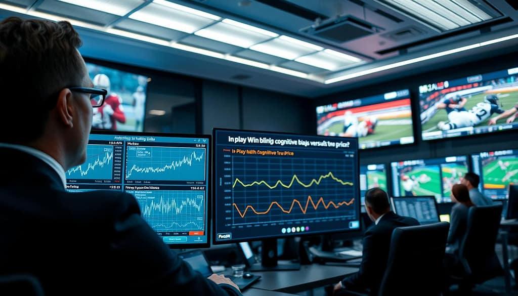 A dynamic sports trading room filled with professionals analyzing data on screens. In the foreground, a focused analyst in business attire, examining past betting trends and odds fluctuations on a well-lit monitor displaying graphs and charts. The middle layer features an interactive digital interface showcasing an in-play win probability model, with visual cues representing anchoring cognitive bias versus true price. In the background, large LED screens broadcast live sports events, while a modern office environment provides a sense of urgency and concentration. The lighting is bright and analytical, with a slight futuristic glow, creating an atmosphere of intensity and focus on strategic decision-making in sports betting. A dynamic sports trading room filled with professionals analyzing data on screens. In the foreground, a focused analyst in business attire, examining past betting trends and odds fluctuations on a well-lit monitor displaying graphs and charts. The middle layer features an interactive digital interface showcasing an in-play win probability model, with visual cues representing anchoring cognitive bias versus true price. In the background, large LED screens broadcast live sports events, while a modern office environment provides a sense of urgency and concentration. The lighting is bright and analytical, with a slight futuristic glow, creating an atmosphere of intensity and focus on strategic decision-making in sports betting.