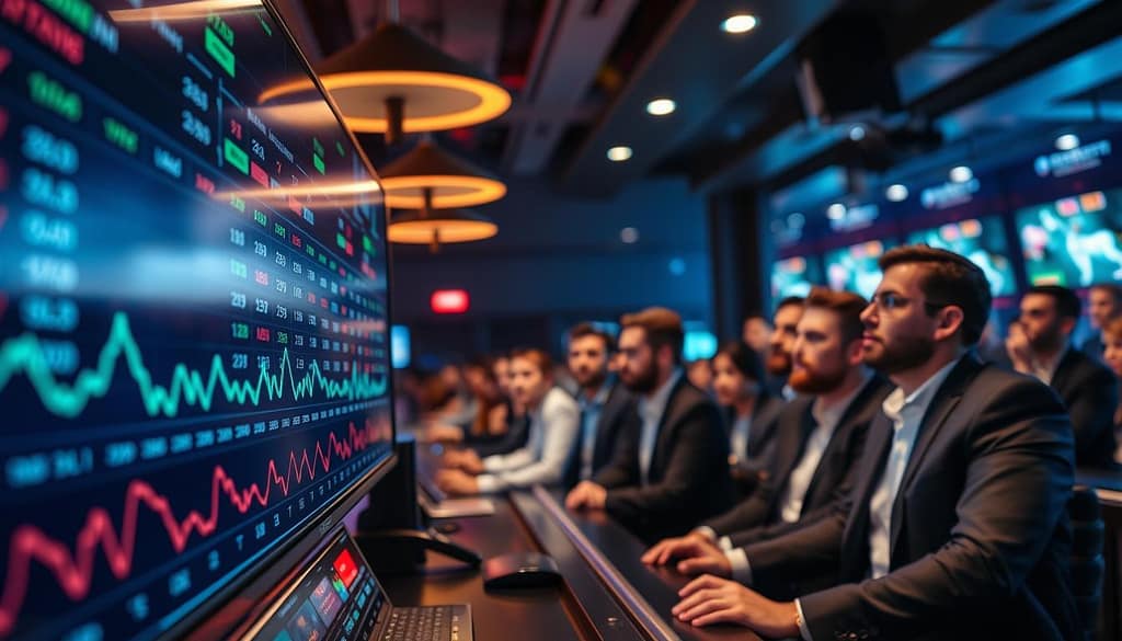 A high-tech live betting odds screen displaying dynamic odds changing in real-time, foreground featuring digital graphs and latency metrics with fluctuating numbers. The middle layer presents a sleek, modern betting interface with colorful, interactive elements representing various sports markets. In the background, softly blurred images of a bustling sports bar filled with focused patrons, all dressed in smart casual attire, watching screens with intense expressions, emphasizing the action. The lighting is cool with neon accents, providing a high-energy atmosphere. The angle is slightly tilted to create a sense of depth, capturing the urgency and excitement of live betting while conveying a professional and contemporary look. The overall mood reflects both tension and exhilaration, encapsulating the essence of live markets and latency management in sports betting. A high-tech live betting odds screen displaying dynamic odds changing in real-time, foreground featuring digital graphs and latency metrics with fluctuating numbers. The middle layer presents a sleek, modern betting interface with colorful, interactive elements representing various sports markets. In the background, softly blurred images of a bustling sports bar filled with focused patrons, all dressed in smart casual attire, watching screens with intense expressions, emphasizing the action. The lighting is cool with neon accents, providing a high-energy atmosphere. The angle is slightly tilted to create a sense of depth, capturing the urgency and excitement of live betting while conveying a professional and contemporary look. The overall mood reflects both tension and exhilaration, encapsulating the essence of live markets and latency management in sports betting.