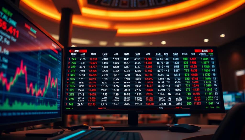 A highly detailed odds screen setup visualization, showcasing multiple columns displaying numerical data related to betting odds, line movements, and hold percentages. The foreground features a sleek digital interface with vibrant graphs and indicators, emphasizing clarity and readability. In the middle ground, the screen layout vividly demonstrates various columns, each labeled with relevant metrics like 'Hold %', 'Move Speed', and 'Age of Line', all arranged in a professional, organized manner. The background fades subtly, hinting at a modern betting environment, with soft, ambient lighting creating a focused atmosphere. The overall mood is technical and analytical, reflecting a sophisticated approach to odds management. The scene captures a bustling yet structured environment, depicting a workspace that fosters strategic decision-making. A highly detailed odds screen setup visualization, showcasing multiple columns displaying numerical data related to betting odds, line movements, and hold percentages. The foreground features a sleek digital interface with vibrant graphs and indicators, emphasizing clarity and readability. In the middle ground, the screen layout vividly demonstrates various columns, each labeled with relevant metrics like 'Hold %', 'Move Speed', and 'Age of Line', all arranged in a professional, organized manner. The background fades subtly, hinting at a modern betting environment, with soft, ambient lighting creating a focused atmosphere. The overall mood is technical and analytical, reflecting a sophisticated approach to odds management. The scene captures a bustling yet structured environment, depicting a workspace that fosters strategic decision-making.
