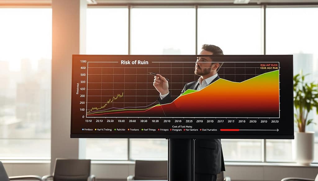A highly detailed visualization of a "risk of ruin" chart set in a sleek, modern office environment. In the foreground, a large, clear digital monitor displays the intricacies of a risk of ruin graph, showcasing various risk levels in vibrant colors against a dark background. In the middle, a professional figure in a business suit analyzes the chart, pointing at specific risk thresholds with a pen. The background features a sophisticated office space with large windows allowing soft, natural light to illuminate the scene, emphasizing a serious yet optimistic atmosphere. The camera angle is slightly elevated, capturing both the monitor and the individual engaged in critical analysis, conveying a sense of professionalism and focus on risk management. A highly detailed visualization of a "risk of ruin" chart set in a sleek, modern office environment. In the foreground, a large, clear digital monitor displays the intricacies of a risk of ruin graph, showcasing various risk levels in vibrant colors against a dark background. In the middle, a professional figure in a business suit analyzes the chart, pointing at specific risk thresholds with a pen. The background features a sophisticated office space with large windows allowing soft, natural light to illuminate the scene, emphasizing a serious yet optimistic atmosphere. The camera angle is slightly elevated, capturing both the monitor and the individual engaged in critical analysis, conveying a sense of professionalism and focus on risk management.