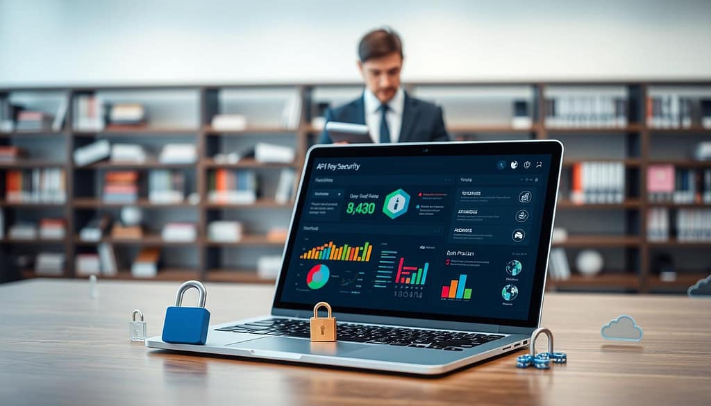 A modern digital workspace illustrating API key security and credential management. In the foreground, a sleek laptop displays a security dashboard with visually engaging graphs and charts, symbolizing data protection and management. Scattered around the laptop are colorful icons representing best practices, such as a locked padlock, a checklist, and cloud storage. In the middle, a professional in business attire reviews security guidelines on a tablet, portraying diligence and expertise. The background features a minimalist office setting with a blurred view of bookshelves filled with technical manuals, creating a sense of knowledge. The lighting is bright and inviting, emphasizing a mood of security and professionalism, captured with a shallow depth of field to focus on the subjects. A modern digital workspace illustrating API key security and credential management. In the foreground, a sleek laptop displays a security dashboard with visually engaging graphs and charts, symbolizing data protection and management. Scattered around the laptop are colorful icons representing best practices, such as a locked padlock, a checklist, and cloud storage. In the middle, a professional in business attire reviews security guidelines on a tablet, portraying diligence and expertise. The background features a minimalist office setting with a blurred view of bookshelves filled with technical manuals, creating a sense of knowledge. The lighting is bright and inviting, emphasizing a mood of security and professionalism, captured with a shallow depth of field to focus on the subjects.