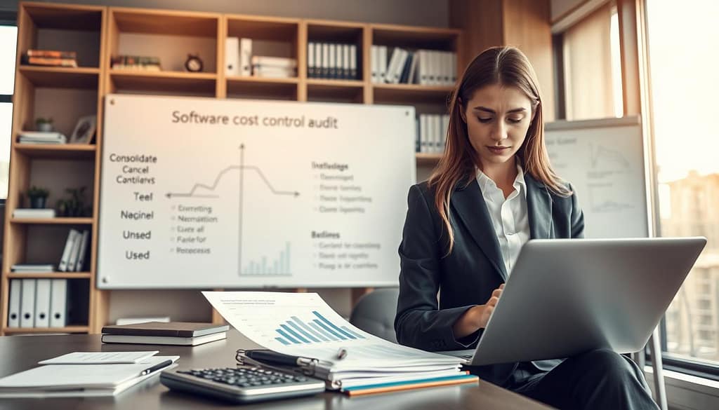 A modern office environment focusing on "software cost control time audit." In the foreground, a professional woman in business attire reviews financial charts and graphs on a laptop, with a calculator and notepad beside her. The middle ground features a large whiteboard displaying a flowchart, outlining steps like "Consolidate," "Negotiate," and "Cancel Unused." The background includes shelves with books on finance and software tools, bathed in soft, natural lighting from a large window, creating a warm atmosphere. A camera angle from slightly above captures the woman engaged in work, emphasizing a sense of focus and determination. The mood should be productive and analytical, reflecting the importance of cost management in business. A modern office environment focusing on "software cost control time audit." In the foreground, a professional woman in business attire reviews financial charts and graphs on a laptop, with a calculator and notepad beside her. The middle ground features a large whiteboard displaying a flowchart, outlining steps like "Consolidate," "Negotiate," and "Cancel Unused." The background includes shelves with books on finance and software tools, bathed in soft, natural lighting from a large window, creating a warm atmosphere. A camera angle from slightly above captures the woman engaged in work, emphasizing a sense of focus and determination. The mood should be productive and analytical, reflecting the importance of cost management in business.