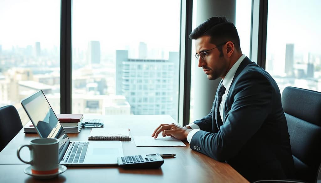 A professional business environment depicting a focused individual analyzing data on a sleek laptop. In the foreground, the professional, dressed in business attire, looks thoughtfully at the screen, which displays financial graphs and cash-out offers. In the middle ground, a clutter-free desk features a notepad with calculations, a calculator, and a coffee cup, symbolizing a busy yet organized workspace. In the background, large windows reveal a city skyline, hinting at an urban setting. The lighting is bright but soft, casting subtle shadows to create depth. The atmosphere is intense yet calm, reflecting a serious decision-making process regarding implied hold and cash-out options. A professional business environment depicting a focused individual analyzing data on a sleek laptop. In the foreground, the professional, dressed in business attire, looks thoughtfully at the screen, which displays financial graphs and cash-out offers. In the middle ground, a clutter-free desk features a notepad with calculations, a calculator, and a coffee cup, symbolizing a busy yet organized workspace. In the background, large windows reveal a city skyline, hinting at an urban setting. The lighting is bright but soft, casting subtle shadows to create depth. The atmosphere is intense yet calm, reflecting a serious decision-making process regarding implied hold and cash-out options.