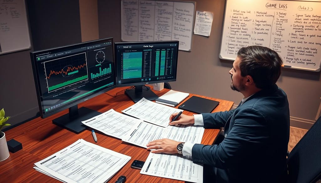 A professional setting with a focus on analyzing game logs, featuring a sleek wooden desk cluttered with open spreadsheets and charts displaying player minutes and usage rates. In the foreground, a focused analyst in professional attire is engrossed in reviewing a dual-monitor setup, one screen highlighting graphs with player projections while the other shows a list of player stats. The middle area includes soft lighting that casts a warm glow on the desk, enhancing a serious yet productive atmosphere. In the background, a whiteboard filled with notes and strategies can be seen, providing context to the analytical work being done. The scene captures the essence of data-driven decision-making in sports analytics, with a mood of concentration and expertise. A professional setting with a focus on analyzing game logs, featuring a sleek wooden desk cluttered with open spreadsheets and charts displaying player minutes and usage rates. In the foreground, a focused analyst in professional attire is engrossed in reviewing a dual-monitor setup, one screen highlighting graphs with player projections while the other shows a list of player stats. The middle area includes soft lighting that casts a warm glow on the desk, enhancing a serious yet productive atmosphere. In the background, a whiteboard filled with notes and strategies can be seen, providing context to the analytical work being done. The scene captures the essence of data-driven decision-making in sports analytics, with a mood of concentration and expertise.