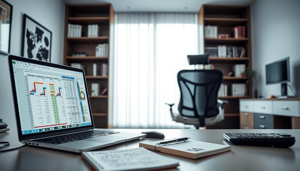 A professional workspace dedicated to a "Monthly Bankroll Calculator Routine" depicted in a clean, modern office. In the foreground, a sleek desk features a laptop displaying an intricate spreadsheet with colorful graphs and calculations for bankroll management. Nearby, a notebook with handwritten notes and a financial calculator are visible. In the middle, an ergonomic office chair faces a large window that allows soft, natural light to flood the room. The atmosphere is calm and focused, ideal for strategic financial planning. In the background, minimalist bookshelves lined with finance and investment books add sophistication. The overall mood reflects professionalism and clarity, with a subtle depth of field for an inviting yet serious vibe. A professional workspace dedicated to a "Monthly Bankroll Calculator Routine" depicted in a clean, modern office. In the foreground, a sleek desk features a laptop displaying an intricate spreadsheet with colorful graphs and calculations for bankroll management. Nearby, a notebook with handwritten notes and a financial calculator are visible. In the middle, an ergonomic office chair faces a large window that allows soft, natural light to flood the room. The atmosphere is calm and focused, ideal for strategic financial planning. In the background, minimalist bookshelves lined with finance and investment books add sophistication. The overall mood reflects professionalism and clarity, with a subtle depth of field for an inviting yet serious vibe.