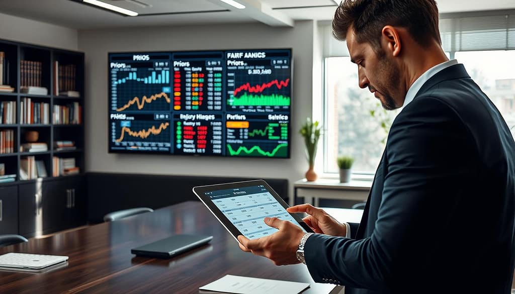 A professional workspace featuring a detailed analysis of fair odds in sports betting. In the foreground, a man in business attire is studying a digital tablet showcasing numerical data related to odds and matchup statistics. The middle ground includes a large wall screen displaying graphs and charts, with visual representations of priors, player performance metrics, and injury updates. The background is a sleek office with bookshelves lined with sports analytics texts and a large window allowing natural light to illuminate the scene. The atmosphere is focused and analytical, conveying the complexity and strategic depth of value betting. The lighting is bright and clear, emphasizing clarity and professionalism, with a shallow depth of field to draw attention to the foreground analysis. A professional workspace featuring a detailed analysis of fair odds in sports betting. In the foreground, a man in business attire is studying a digital tablet showcasing numerical data related to odds and matchup statistics. The middle ground includes a large wall screen displaying graphs and charts, with visual representations of priors, player performance metrics, and injury updates. The background is a sleek office with bookshelves lined with sports analytics texts and a large window allowing natural light to illuminate the scene. The atmosphere is focused and analytical, conveying the complexity and strategic depth of value betting. The lighting is bright and clear, emphasizing clarity and professionalism, with a shallow depth of field to draw attention to the foreground analysis.