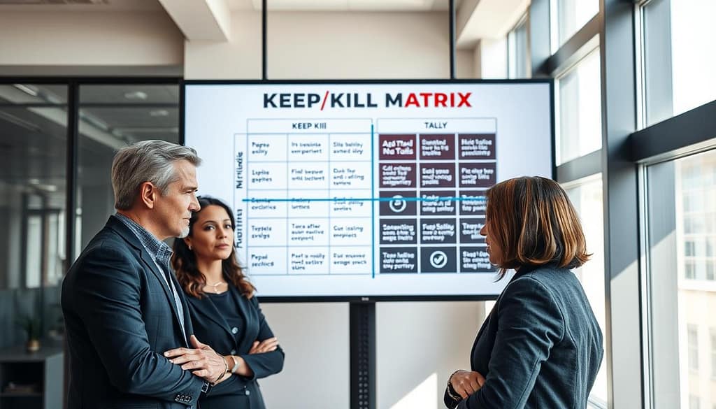A sleek, modern office space serves as the background for a detailed "Keep/Kill Matrix" decision chart prominently displayed on a large screen. In the foreground, a diverse group of three professionals, dressed in smart business attire, are engaged in a focused discussion. The matrix itself is visually striking, featuring a grid layout with quadrants labeled "Keep" and "Kill," featuring clear icons or symbols representing tools. Soft natural light filters through large windows, casting gentle shadows and creating a warm, collaborative atmosphere. The camera angle is slightly elevated, capturing both the professionals' expressions of determination and the compelling chart, emphasizing the importance of tools in determining outcomes. The mood is serious yet optimistic, highlighting productivity and strategic decision-making. A sleek, modern office space serves as the background for a detailed "Keep/Kill Matrix" decision chart prominently displayed on a large screen. In the foreground, a diverse group of three professionals, dressed in smart business attire, are engaged in a focused discussion. The matrix itself is visually striking, featuring a grid layout with quadrants labeled "Keep" and "Kill," featuring clear icons or symbols representing tools. Soft natural light filters through large windows, casting gentle shadows and creating a warm, collaborative atmosphere. The camera angle is slightly elevated, capturing both the professionals' expressions of determination and the compelling chart, emphasizing the importance of tools in determining outcomes. The mood is serious yet optimistic, highlighting productivity and strategic decision-making.