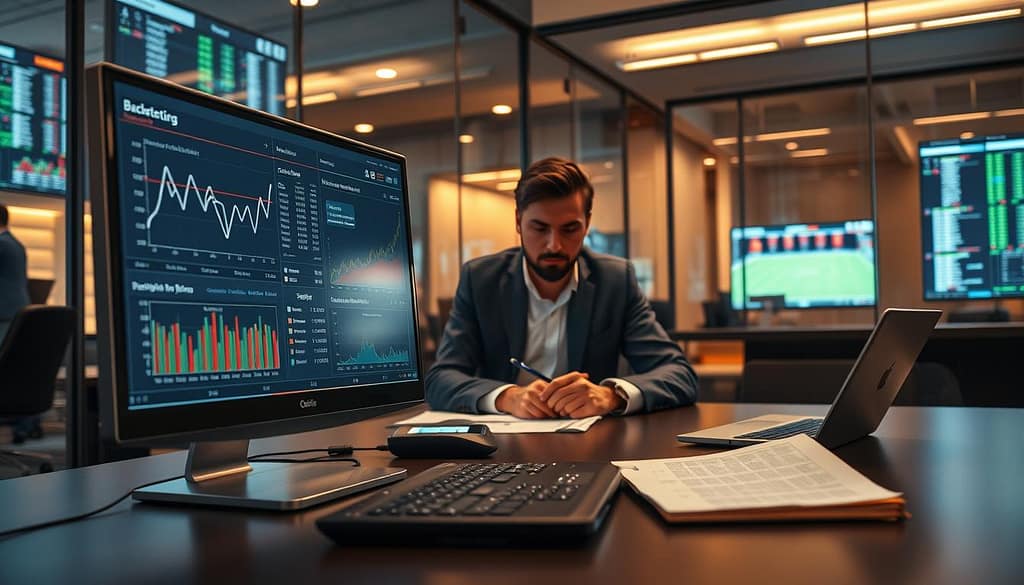 A sophisticated walk-forward backtesting visualization in a professional data analytics environment. In the foreground, display a sleek computer monitor showing dynamic graphs and charts illustrating backtesting results, including performance metrics and predictive analytics trends. In the middle ground, include a focused business analyst in smart casual attire, intently analyzing data, with spreadsheets and code snippets open on a laptop. The background highlights a modern office setting with glass walls and high-tech screens displaying real-time sports data. Warm, ambient lighting illuminates the scene, creating a focused yet collaborative atmosphere. The camera angle is slightly elevated, providing a comprehensive view of the workspace, emphasizing both the technology and the analysis process without any distractions or text elements. A sophisticated walk-forward backtesting visualization in a professional data analytics environment. In the foreground, display a sleek computer monitor showing dynamic graphs and charts illustrating backtesting results, including performance metrics and predictive analytics trends. In the middle ground, include a focused business analyst in smart casual attire, intently analyzing data, with spreadsheets and code snippets open on a laptop. The background highlights a modern office setting with glass walls and high-tech screens displaying real-time sports data. Warm, ambient lighting illuminates the scene, creating a focused yet collaborative atmosphere. The camera angle is slightly elevated, providing a comprehensive view of the workspace, emphasizing both the technology and the analysis process without any distractions or text elements.