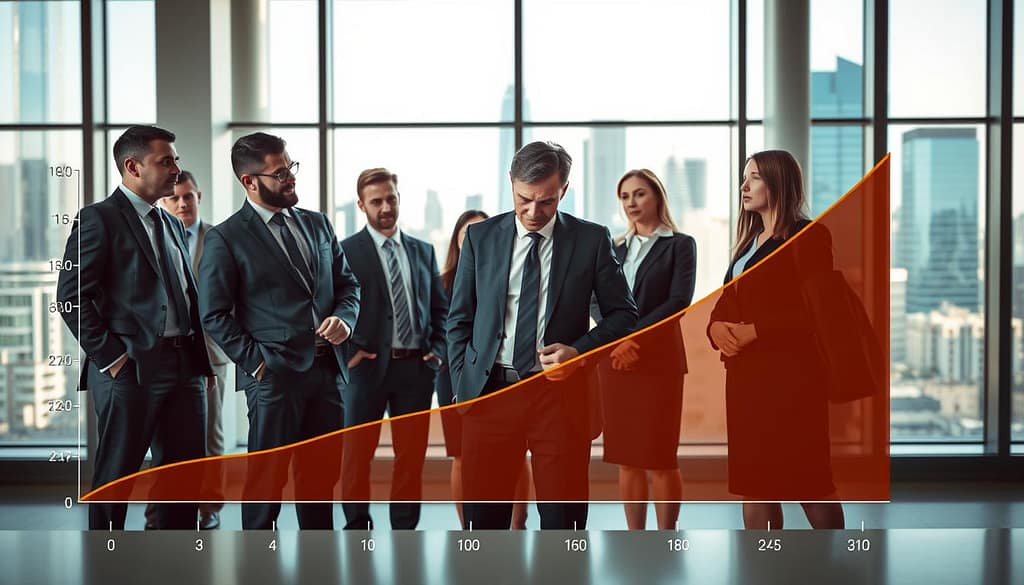 A visually engaging illustration of the "fractional Kelly volatility trade-off." In the foreground, depict a dynamic line graph with two curves representing volatility and growth, vividly contrasting in color. The middle layer includes business professionals—a diverse group of men and women in professional business attire—analyzing the graph with expressions of contemplation and determination. The background features a sleek, modern office environment with large windows revealing a city skyline, symbolizing ambition and risk. Use soft, natural lighting to create a focused atmosphere, with depth of field emphasizing the graph in the foreground. The overall mood should inspire a sense of strategic planning and serious investment consideration. A visually engaging illustration of the "fractional Kelly volatility trade-off." In the foreground, depict a dynamic line graph with two curves representing volatility and growth, vividly contrasting in color. The middle layer includes business professionals—a diverse group of men and women in professional business attire—analyzing the graph with expressions of contemplation and determination. The background features a sleek, modern office environment with large windows revealing a city skyline, symbolizing ambition and risk. Use soft, natural lighting to create a focused atmosphere, with depth of field emphasizing the graph in the foreground. The overall mood should inspire a sense of strategic planning and serious investment consideration.