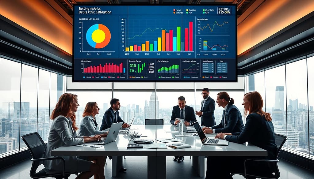 A modern, sleek office space presenting a large digital screen displaying vibrant graphs and charts related to betting metrics calibration. In the foreground, a diverse group of professionals, dressed in smart business attire, are engaged in a lively discussion, analyzing data on ROI, EV, CLV, hit rates, and volatility. The middle ground features a sophisticated table with laptops, data sheets, and financial calculators scattered about, illuminated by soft, natural lighting through large windows. In the background, a contemporary city skyline is visible, hinting at a dynamic business environment. The atmosphere is one of collaboration, focus, and analytical rigor, with a sense of urgency and excitement in the air, embodying the cutting-edge world of betting analytics. A modern, sleek office space presenting a large digital screen displaying vibrant graphs and charts related to betting metrics calibration. In the foreground, a diverse group of professionals, dressed in smart business attire, are engaged in a lively discussion, analyzing data on ROI, EV, CLV, hit rates, and volatility. The middle ground features a sophisticated table with laptops, data sheets, and financial calculators scattered about, illuminated by soft, natural lighting through large windows. In the background, a contemporary city skyline is visible, hinting at a dynamic business environment. The atmosphere is one of collaboration, focus, and analytical rigor, with a sense of urgency and excitement in the air, embodying the cutting-edge world of betting analytics.