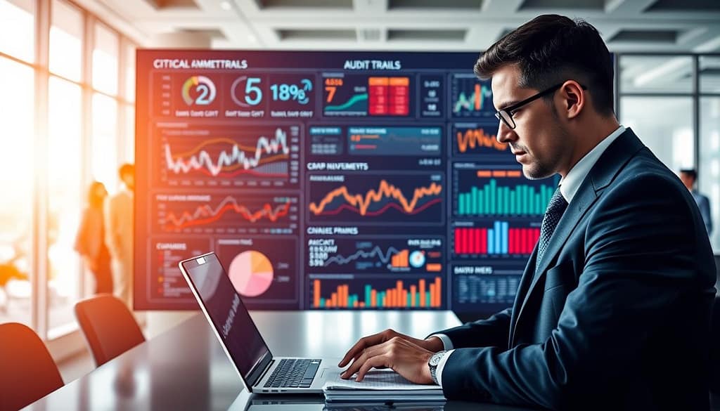A professional setting depicting an office with a large digital dashboard displaying complex graphs, charts, and algorithms representing audit trail risk management. In the foreground, a focused analyst wearing professional business attire is analyzing data on a laptop, with a notepad and calculator nearby. In the middle, the digital display glows with high-contrast colors, emphasizing critical drawdown metrics and risk alerts, surrounded by abstract visual representations of data trails and risk management concepts. The background features blurred outlines of team members collaborating, surrounded by large windows allowing natural light to fill the room, creating a bright and dynamic atmosphere. The overall mood is one of concentration and urgency, highlighting the importance of risk management in analytics. A professional setting depicting an office with a large digital dashboard displaying complex graphs, charts, and algorithms representing audit trail risk management. In the foreground, a focused analyst wearing professional business attire is analyzing data on a laptop, with a notepad and calculator nearby. In the middle, the digital display glows with high-contrast colors, emphasizing critical drawdown metrics and risk alerts, surrounded by abstract visual representations of data trails and risk management concepts. The background features blurred outlines of team members collaborating, surrounded by large windows allowing natural light to fill the room, creating a bright and dynamic atmosphere. The overall mood is one of concentration and urgency, highlighting the importance of risk management in analytics.