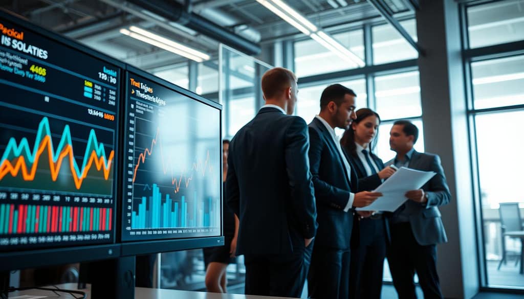 A visually striking representation of "threshold triggers" in a modern data analytics setting. In the foreground, a computer screen displays dynamic graphs and numerical data, with highlighted peaks indicating usage and minute deltas. The middle ground features a diverse team of professionals in business attire, engaged in intense discussion, analyzing the trends and preparing reports. In the background, a sleek office environment filled with large windows allowing natural light to flood the space, creating a sharp contrast with the digital displays. The atmosphere is focused and energetic, emphasizing the importance of timely data interpretation. Capture this scene from an angle that offers a clear view of the team's interaction with the data, while showcasing the vibrant interplay of light and technology in the workspace. A visually striking representation of "threshold triggers" in a modern data analytics setting. In the foreground, a computer screen displays dynamic graphs and numerical data, with highlighted peaks indicating usage and minute deltas. The middle ground features a diverse team of professionals in business attire, engaged in intense discussion, analyzing the trends and preparing reports. In the background, a sleek office environment filled with large windows allowing natural light to flood the space, creating a sharp contrast with the digital displays. The atmosphere is focused and energetic, emphasizing the importance of timely data interpretation. Capture this scene from an angle that offers a clear view of the team's interaction with the data, while showcasing the vibrant interplay of light and technology in the workspace.