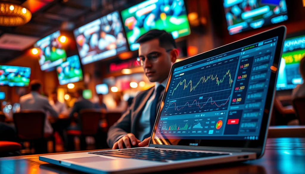 A dynamic and visually engaging scene depicting a digital sports betting environment focused on hedge middle pregame positions and live betting strategies. In the foreground, a laptop screen displays real-time betting graphs and statistics with highlighted buy/sell signals in a sleek, modern interface. In the middle, a professional-looking individual in business attire is analyzing these signals, deeply engaged with the data. The background features a bustling sports bar with various screens showing live games, accompanied by an atmosphere of excitement and anticipation. The lighting is warm and inviting, creating a vibrant yet focused mood. The composition includes a close-up angle on the laptop, showcasing the betting interface while capturing the energy of the setting. A dynamic and visually engaging scene depicting a digital sports betting environment focused on hedge middle pregame positions and live betting strategies. In the foreground, a laptop screen displays real-time betting graphs and statistics with highlighted buy/sell signals in a sleek, modern interface. In the middle, a professional-looking individual in business attire is analyzing these signals, deeply engaged with the data. The background features a bustling sports bar with various screens showing live games, accompanied by an atmosphere of excitement and anticipation. The lighting is warm and inviting, creating a vibrant yet focused mood. The composition includes a close-up angle on the laptop, showcasing the betting interface while capturing the energy of the setting.