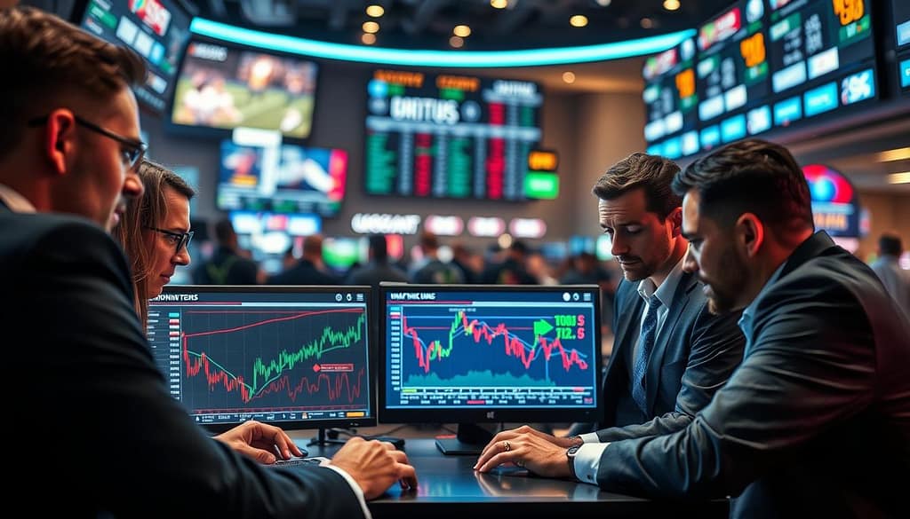 A dynamic and visually engaging scene depicting the concept of "sportsbook line movement spoofing." In the foreground, a group of focused analysts in professional attire are gathered around a sleek, high-tech computer interface, closely monitoring fluctuating betting lines displayed on multiple screens. In the middle ground, various colorful graphs and charts illustrate the movement of odds, with arrows showing upward and downward trends. The background features blurred images of sports events and a bustling sportsbook environment, creating a sense of urgency and excitement. Use dramatic lighting to highlight the analysts' intense expressions, with a cinematic angle that emphasizes the action and significance of their analysis. The overall mood should evoke tension and strategic maneuvering in the betting world. A dynamic and visually engaging scene depicting the concept of "sportsbook line movement spoofing." In the foreground, a group of focused analysts in professional attire are gathered around a sleek, high-tech computer interface, closely monitoring fluctuating betting lines displayed on multiple screens. In the middle ground, various colorful graphs and charts illustrate the movement of odds, with arrows showing upward and downward trends. The background features blurred images of sports events and a bustling sportsbook environment, creating a sense of urgency and excitement. Use dramatic lighting to highlight the analysts' intense expressions, with a cinematic angle that emphasizes the action and significance of their analysis. The overall mood should evoke tension and strategic maneuvering in the betting world.