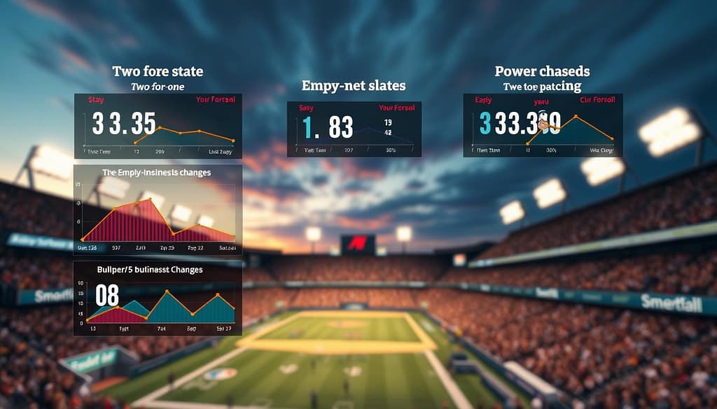 A dynamic sports-themed visualization showcasing varying "trigger states" in a game context. In the foreground, depict an animated digital interface with vibrant graphs and indicators illustrating two-for-one play, empty-net scenarios, power plays, and bullpen changes, symbolizing shifts in pacing. In the middle ground, create a blurred stadium filled with cheering fans, highlighting the excitement and tension of live betting. In the background, include a dramatic sky transitioning from day to night, illuminated by stadium lights, creating a high-stakes atmosphere. Use a wide-angle perspective to capture the action, and apply a soft focus with warm lighting to enhance the energy and intensity of the moment. A dynamic sports-themed visualization showcasing varying "trigger states" in a game context. In the foreground, depict an animated digital interface with vibrant graphs and indicators illustrating two-for-one play, empty-net scenarios, power plays, and bullpen changes, symbolizing shifts in pacing. In the middle ground, create a blurred stadium filled with cheering fans, highlighting the excitement and tension of live betting. In the background, include a dramatic sky transitioning from day to night, illuminated by stadium lights, creating a high-stakes atmosphere. Use a wide-angle perspective to capture the action, and apply a soft focus with warm lighting to enhance the energy and intensity of the moment.